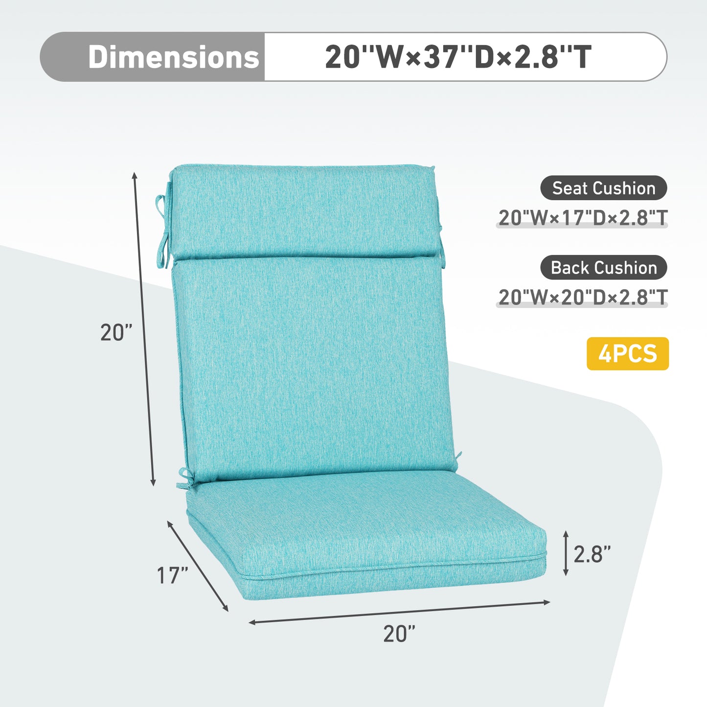 Outdoor High Back Dining Chair Cushion Set, Polyester Fabric, TPU Water Repellent Coating, Teal Aoodor