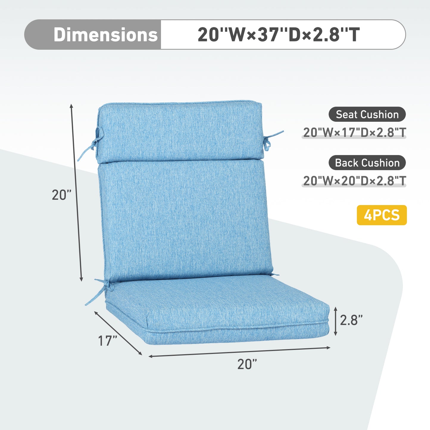 Outdoor High Back Dining Chair Cushion Set, Polyester Fabric, TPU Water Repellent Coating, Lake Blue Aoodor