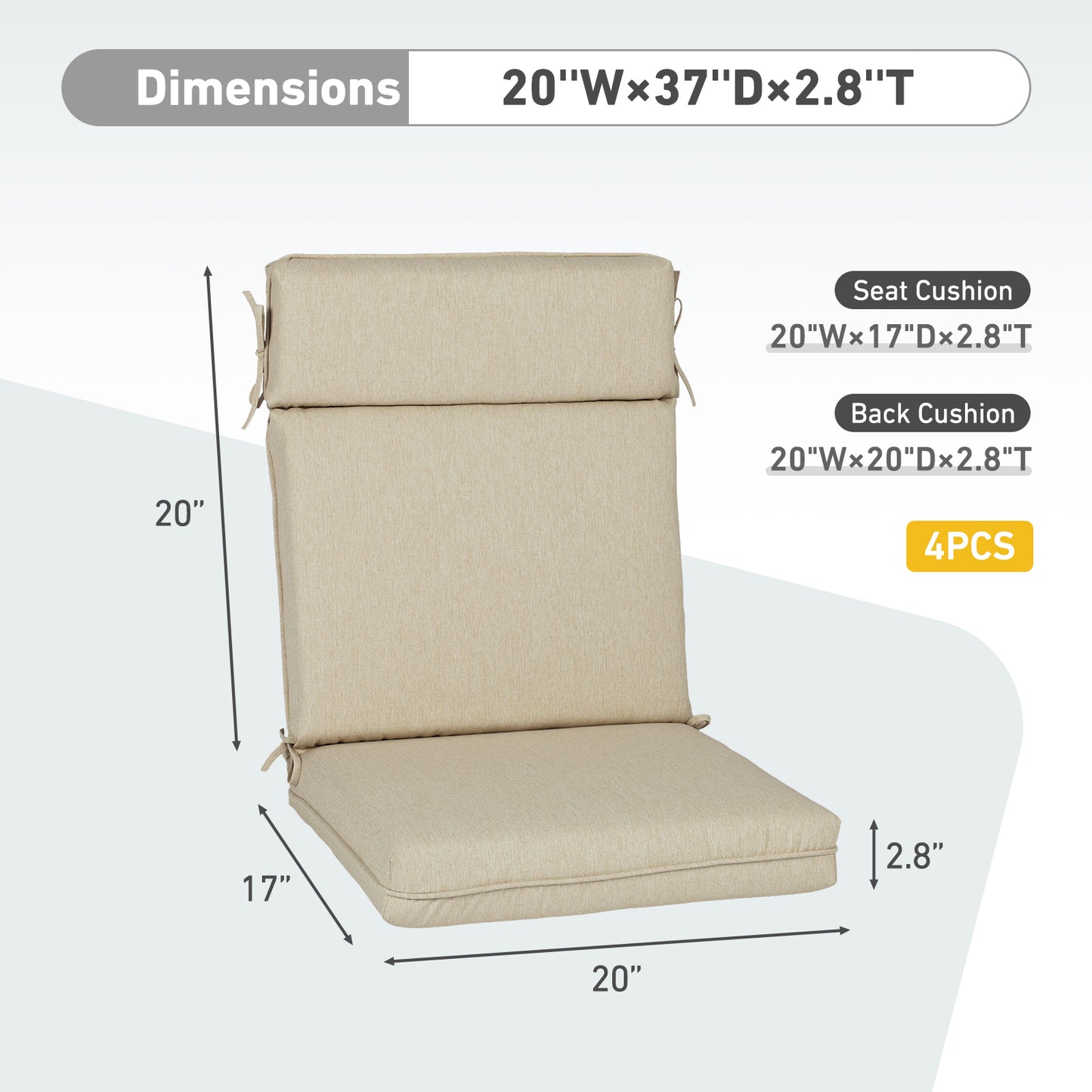 Outdoor High Back Dining Chair Cushion Set, Polyester Fabric, TPU Water Repellent Coating, Light Taupe Aoodor