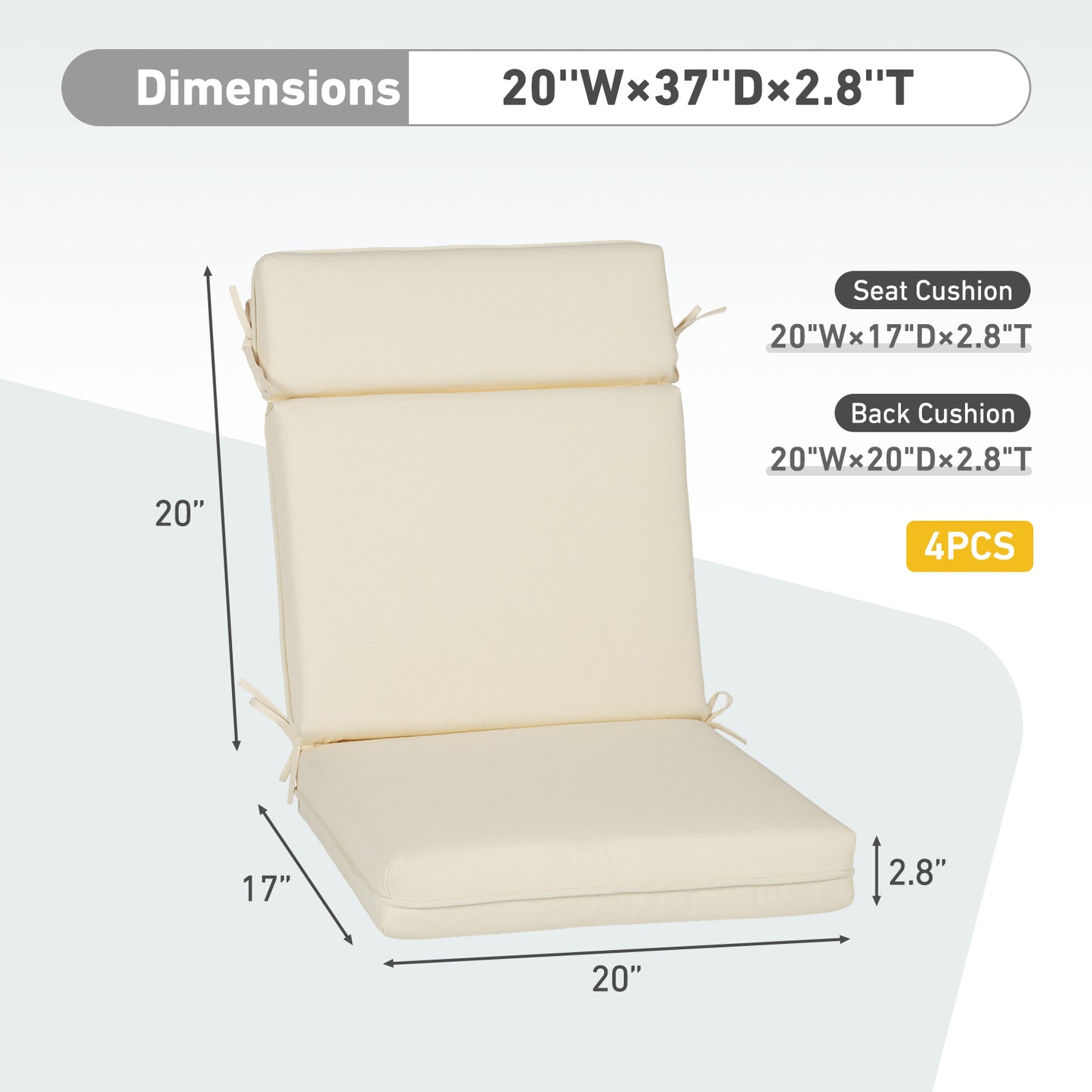 Outdoor High Back Dining Chair Cushion Set, Polyester Fabric, TPU Water Repellent Coating, Ivory Aoodor