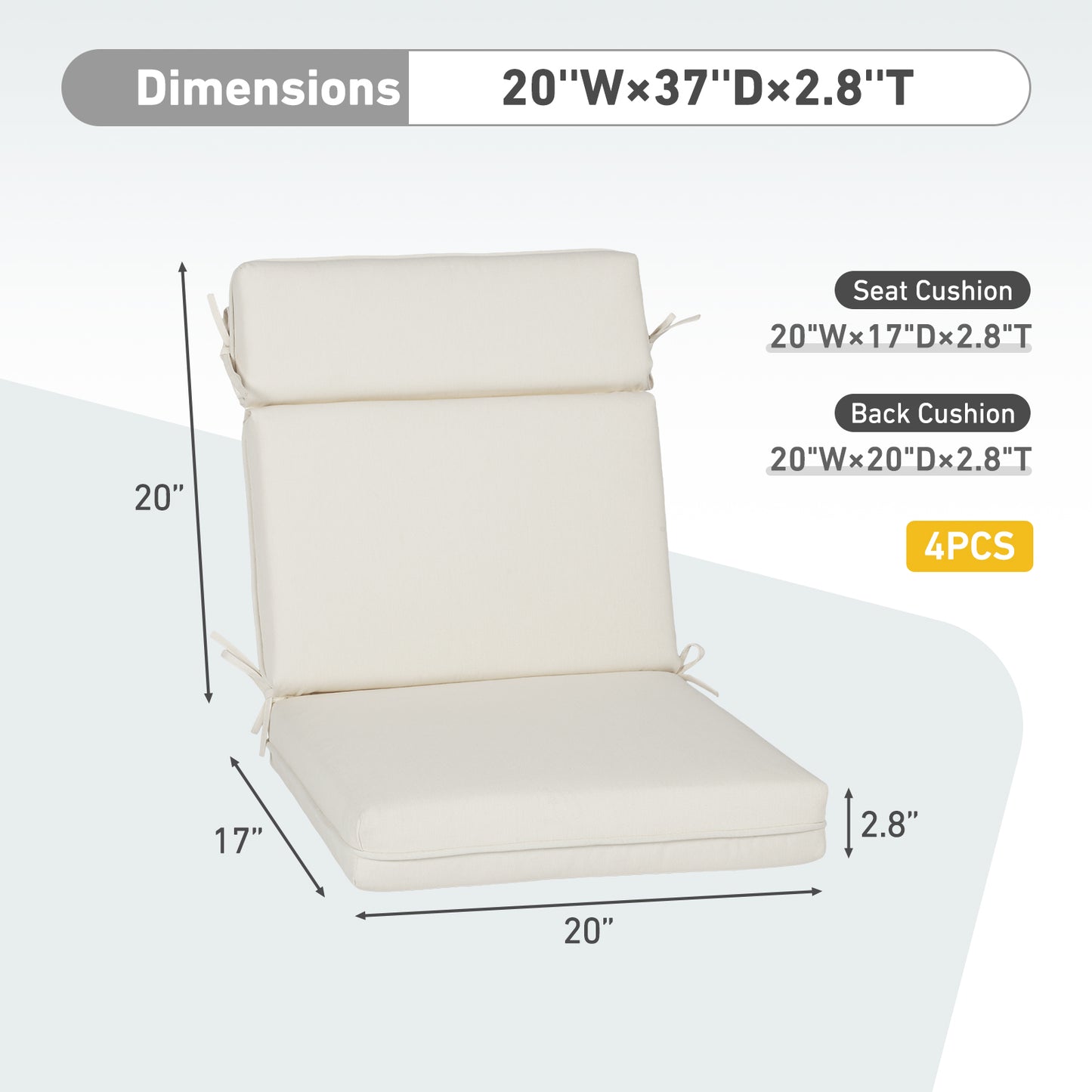 Outdoor High Back Dining Chair Cushion Set, Polyester Fabric, TPU Water Repellent Coating, Ivory Aoodor