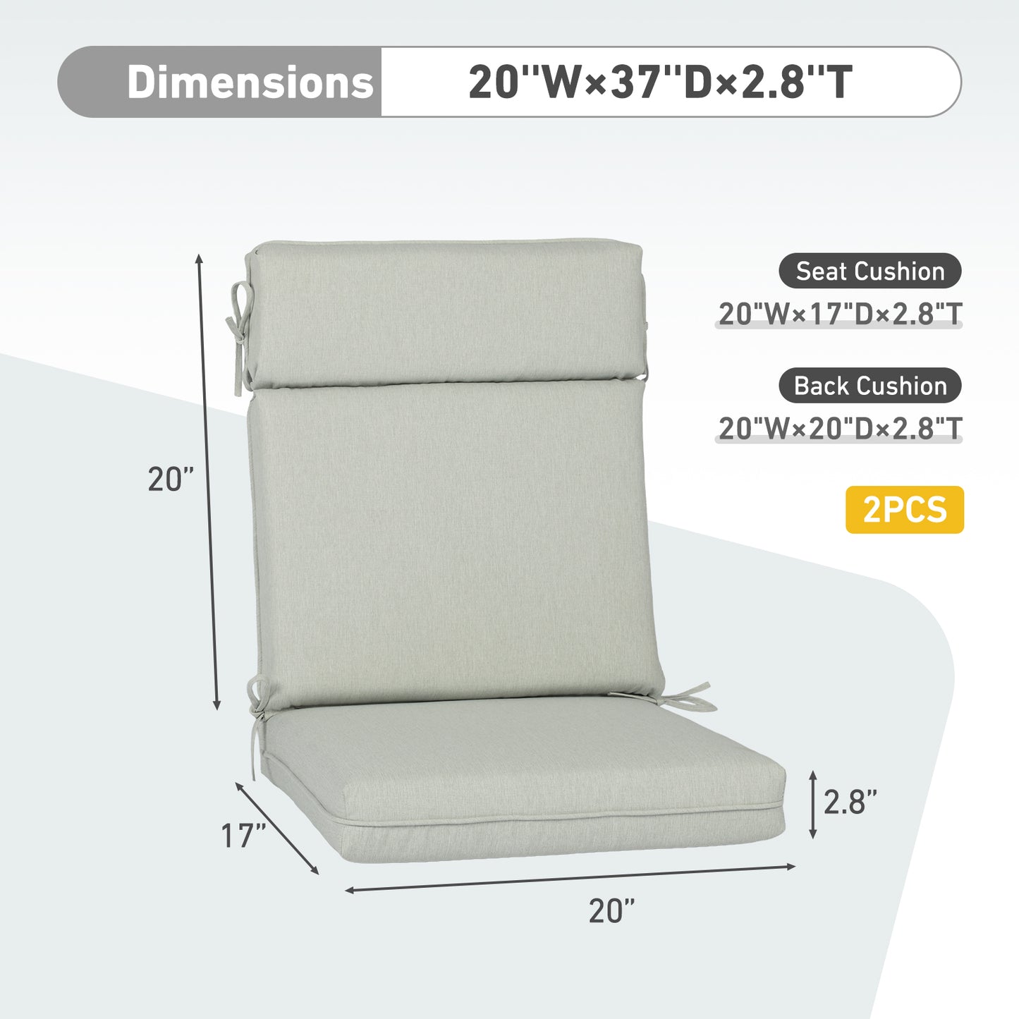 Outdoor High Back Dining Chair Cushion Set, Polyester Fabric, TPU Water Repellent Coating, Light Gray Aoodor