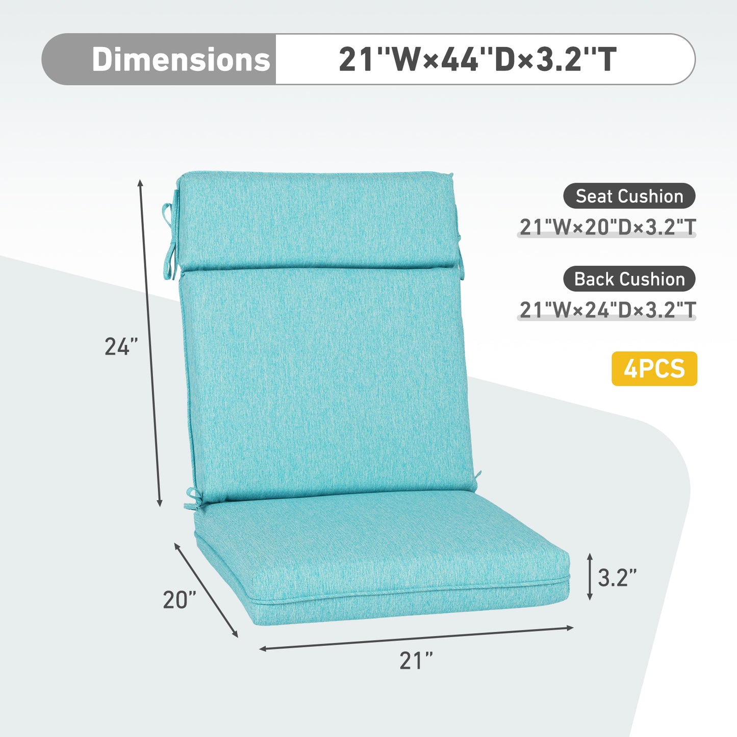 Outdoor High Back Dining Chair Cushion Set, Polyester Fabric, TPU Water Repellent Coating, Teal Aoodor