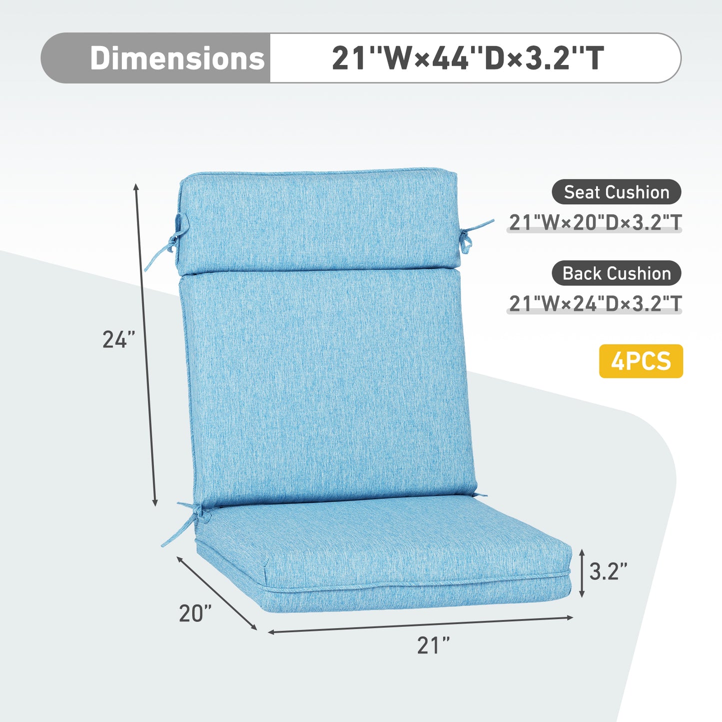 Outdoor High Back Dining Chair Cushion Set, Polyester Fabric, TPU Water Repellent Coating, Lake Blue Aoodor