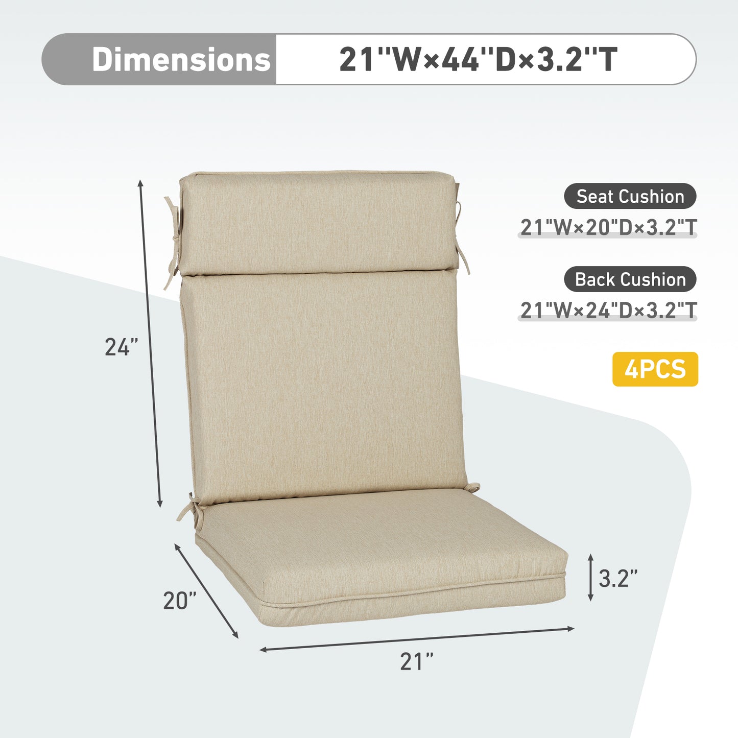 Outdoor High Back Dining Chair Cushion Set, Polyester Fabric, TPU Water Repellent Coating, Light Taupe Aoodor