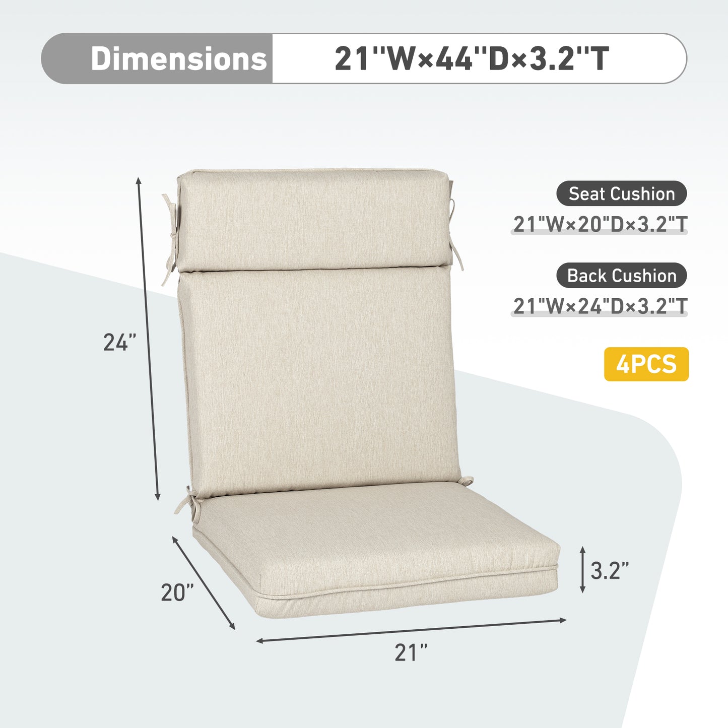 Outdoor High Back Dining Chair Cushion Set, Polyester Fabric, TPU Water Repellent Coating, Light Taupe Aoodor