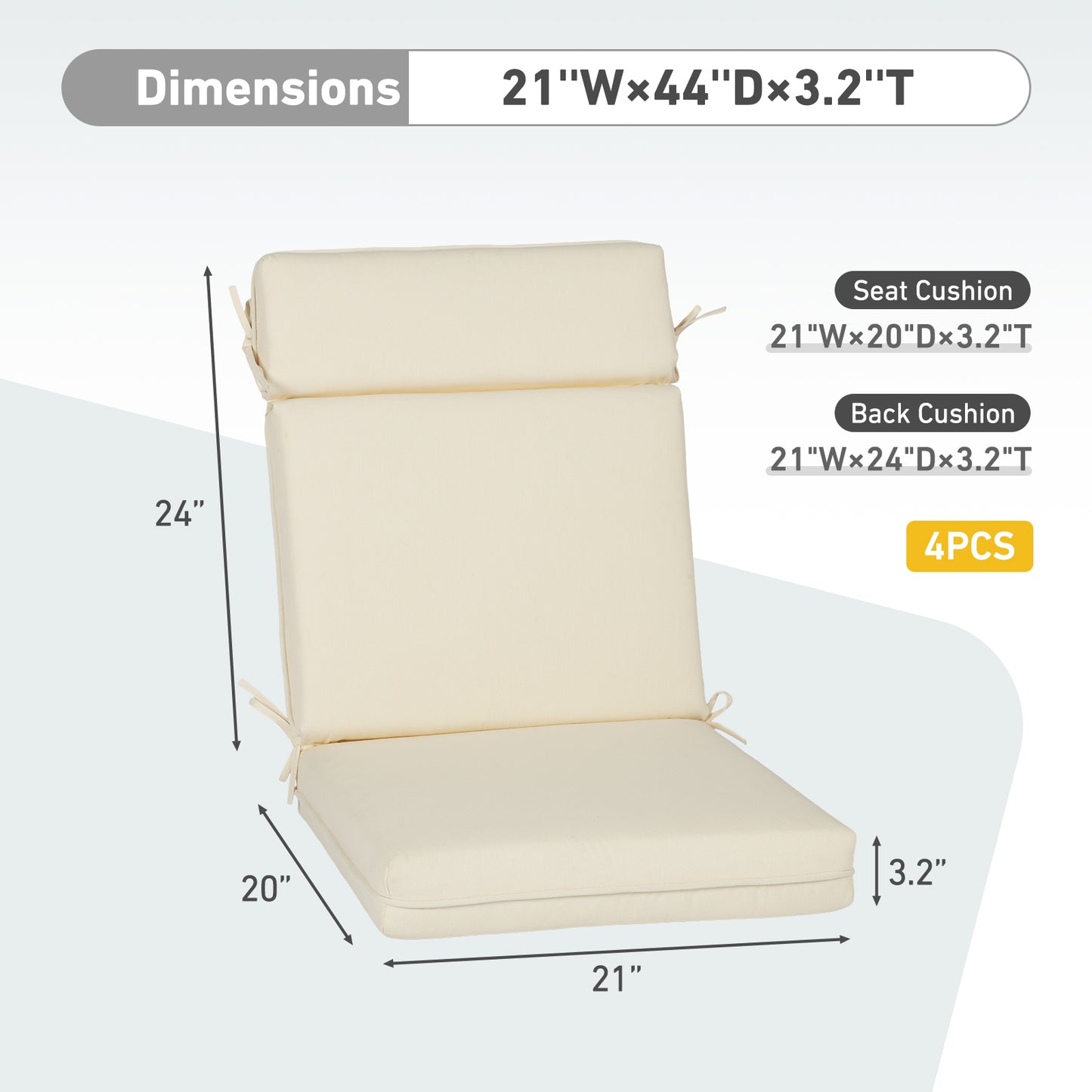 Outdoor High Back Dining Chair Cushion Set, Polyester Fabric, TPU Water Repellent Coating, Ivory Aoodor