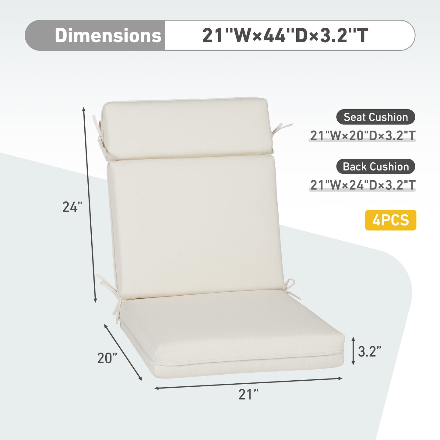 Outdoor High Back Dining Chair Cushion Set, Polyester Fabric, TPU Water Repellent Coating, Ivory Aoodor