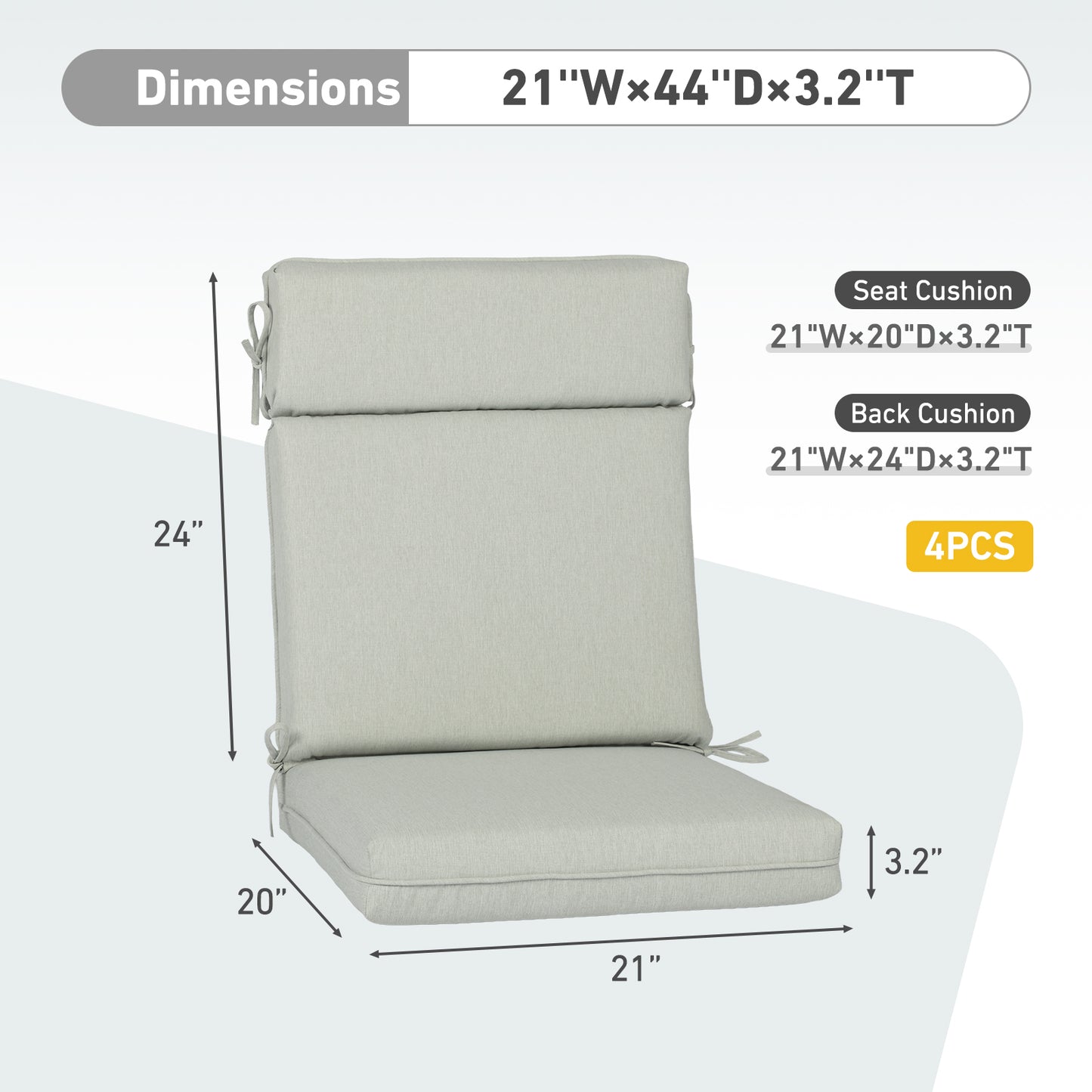 Outdoor High Back Dining Chair Cushion Set, Polyester Fabric, TPU Water Repellent Coating, Light Gray Aoodor