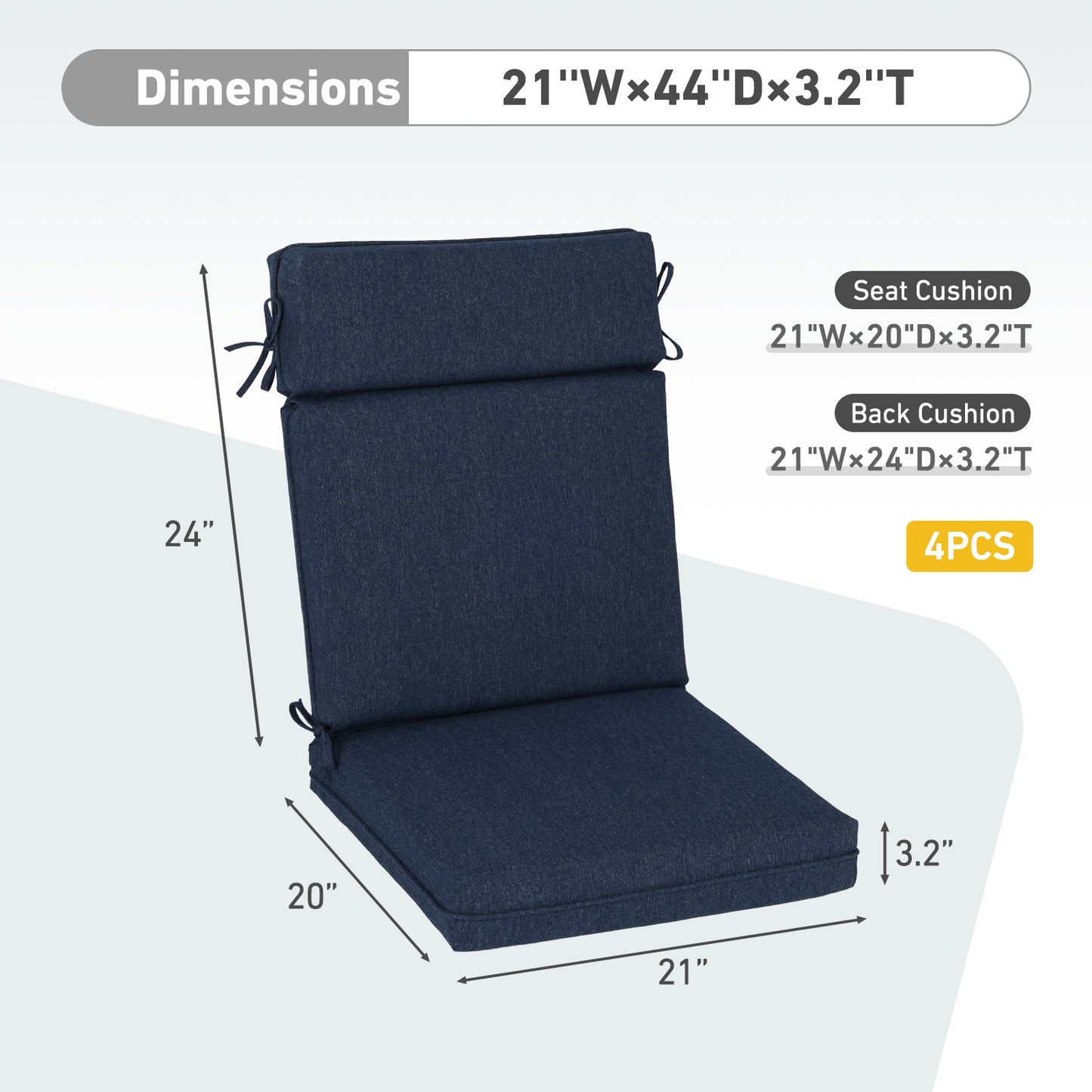 Outdoor High Back Dining Chair Cushion Set, Polyester Fabric, TPU Water Repellent Coating, Navy Blue Aoodor