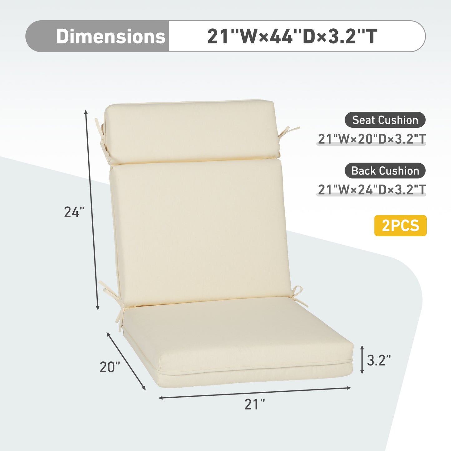 Outdoor High Back Dining Chair Cushion Set, Polyester Fabric, TPU Water Repellent Coating, Ivory Aoodor