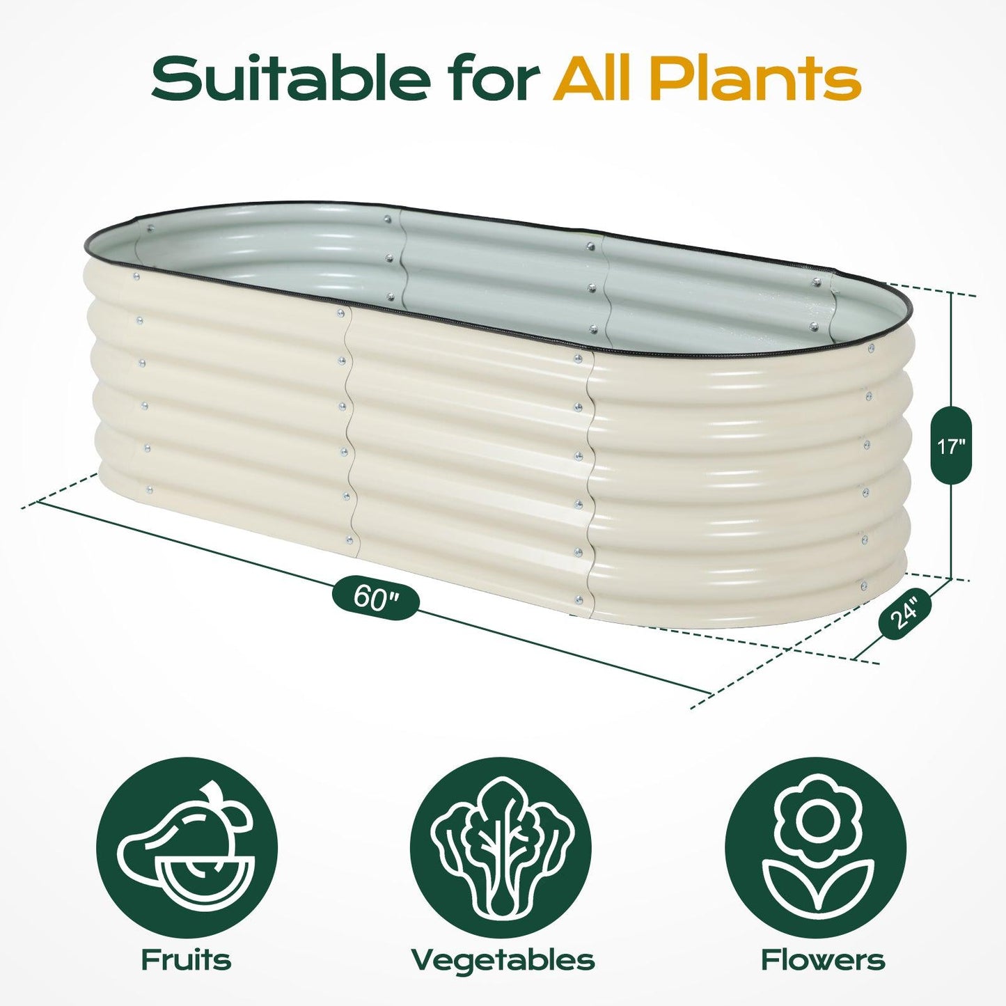 4-In-1 Oval Modular Aluzinc Raised Garden Bed 60'' x 24'' x 17'' Aoodor