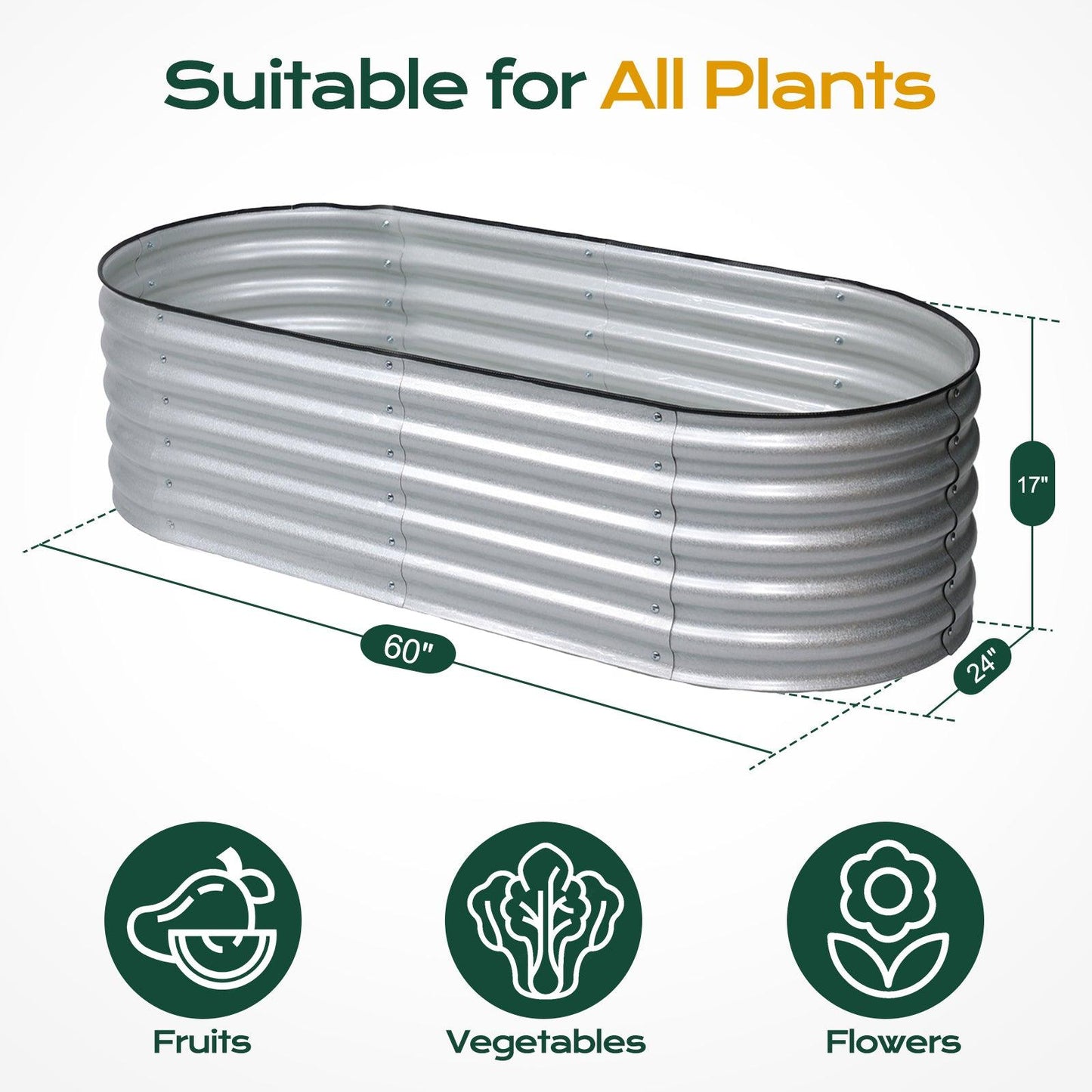 4-In-1 Oval Modular Aluzinc Raised Garden Bed 60'' x 24'' x 17'' Aoodor