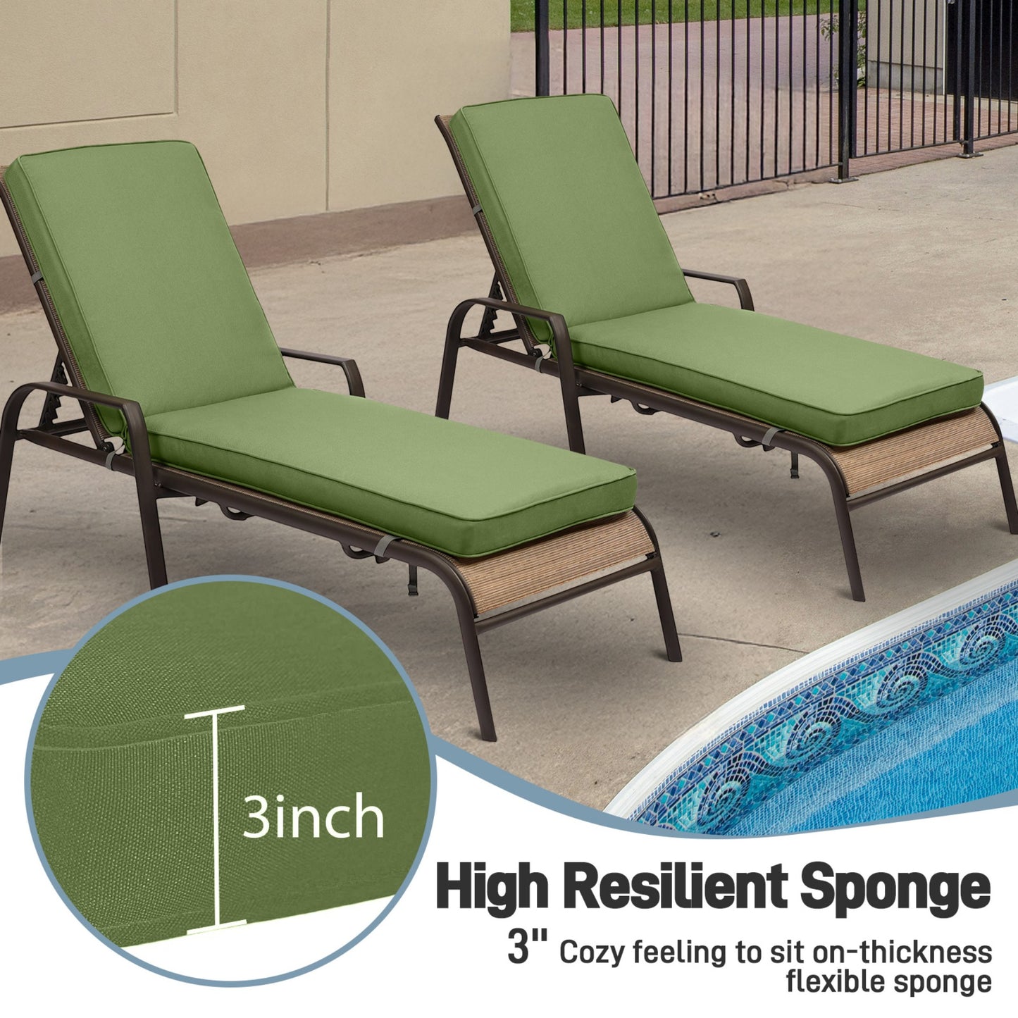 72x21x3 inch Patio Chaise Lounger Cushions Set of 2 - Green