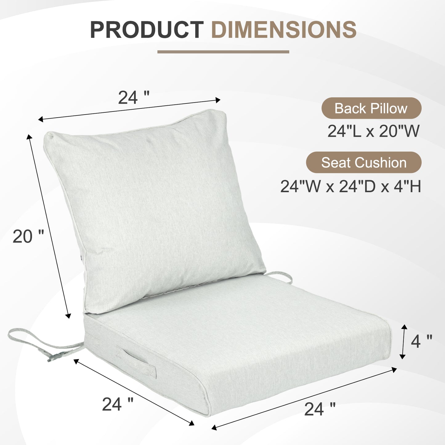 Waterproof Outdoor Deep Seat Cushion Set with Adjustable Straps & Removable Cover - Light Gray Aoodor