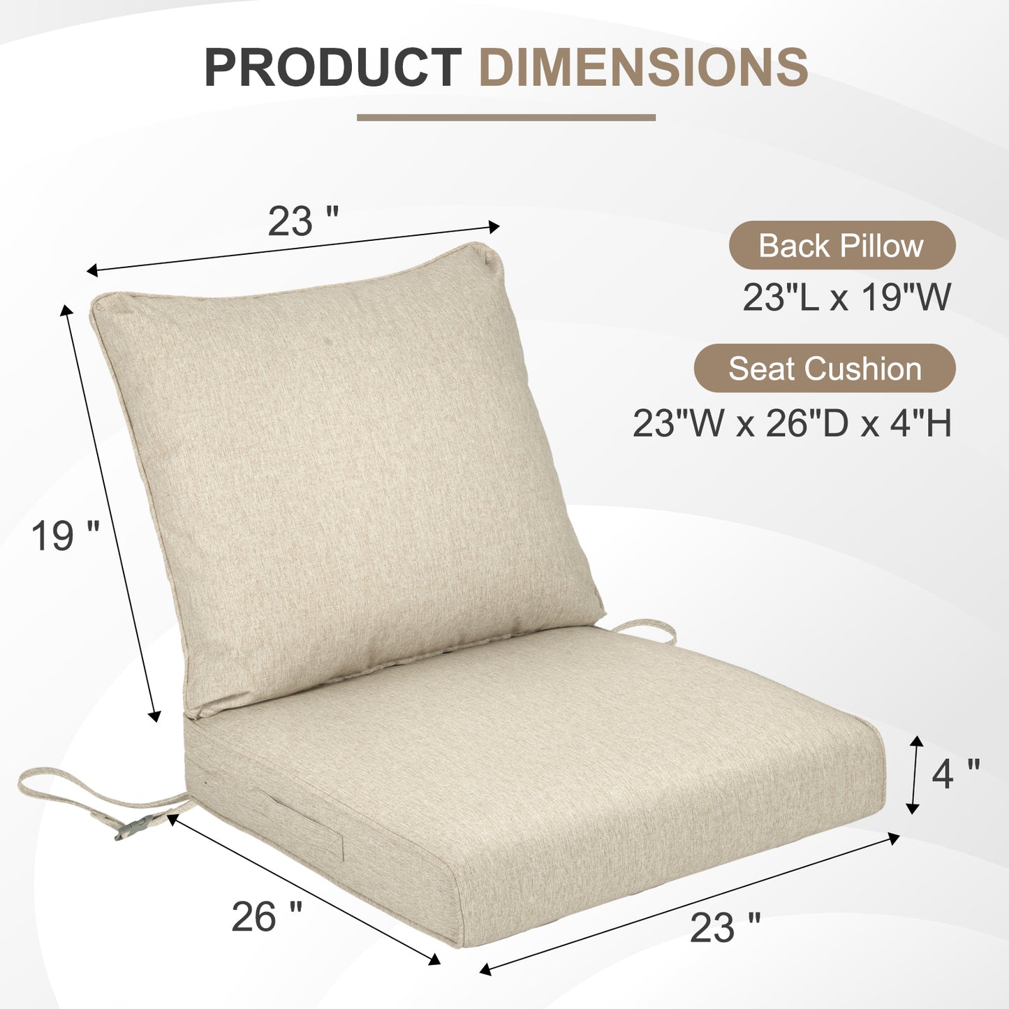 Waterproof Outdoor Deep Seat Cushion Set with Adjustable Straps & Removable Cover - Brown Aoodor