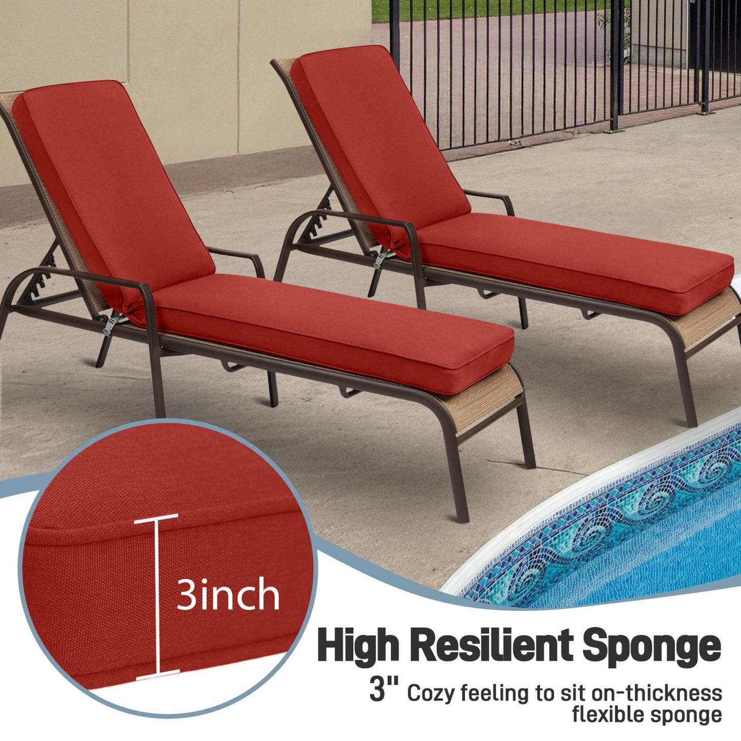 72x21x3 inch Patio Chaise Lounger Cushions Set of 2 - Wine Red Aoodor