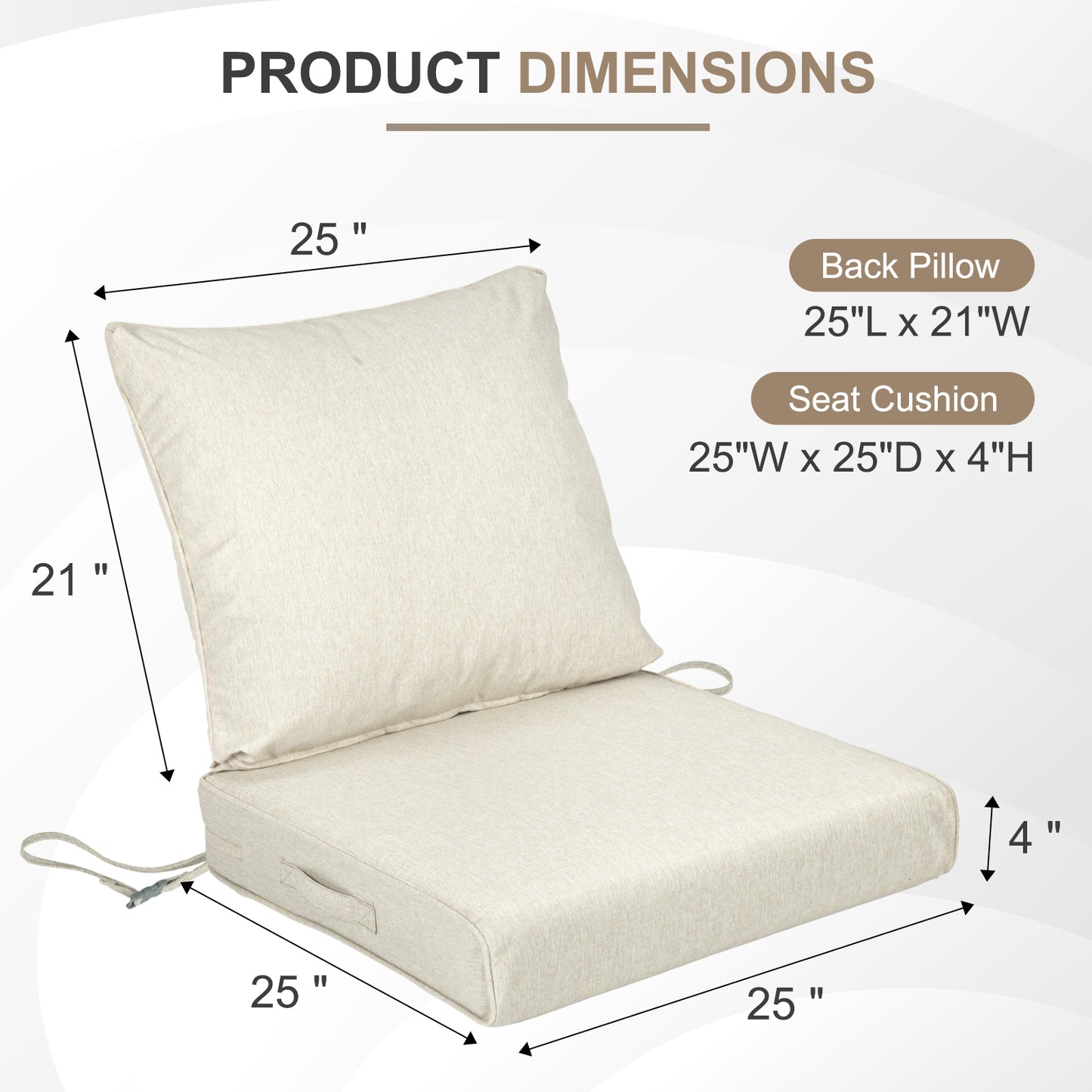 Waterproof Outdoor Deep Seat Cushion Set with Adjustable Straps & Removable Cover - Khaki Aoodor