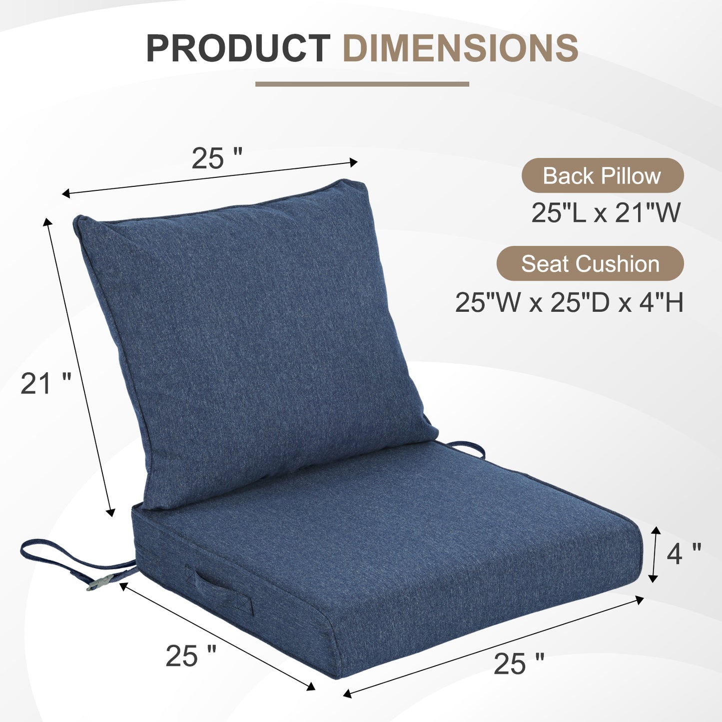 Waterproof Outdoor Deep Seat Cushion Set with Adjustable Straps & Removable Cover - Navy Blue Aoodor