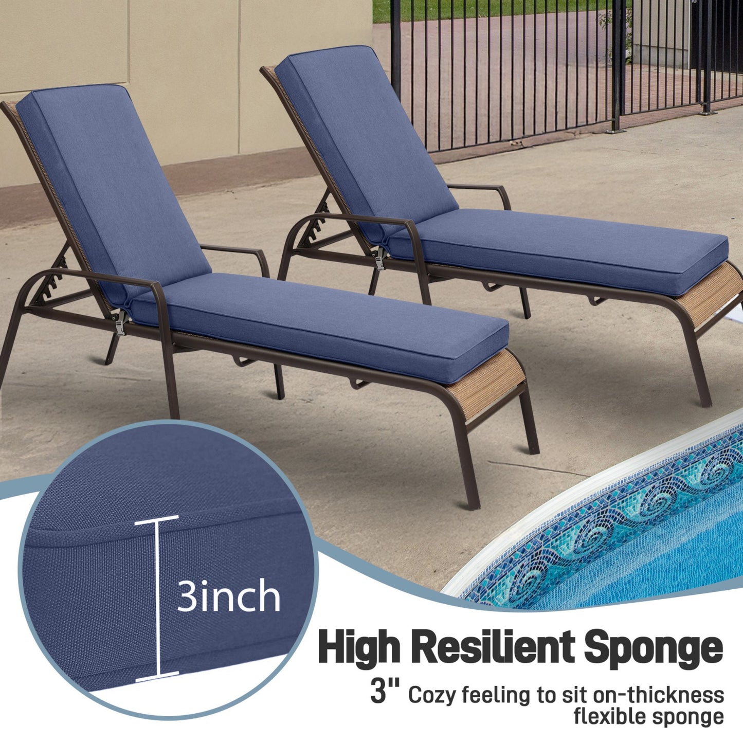 72x21x3 inch Patio Chaise Lounger Cushions Set of 2 - Dark Blue
