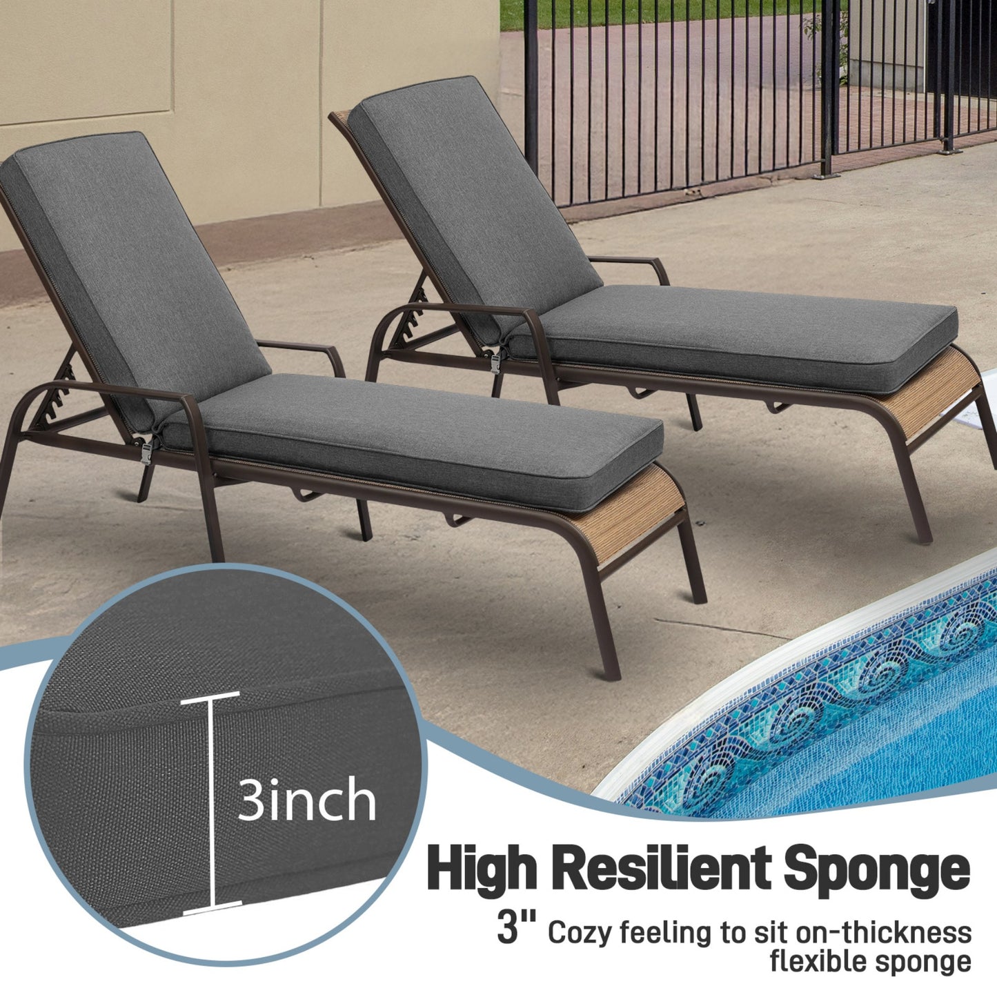 72x21x3 inch Patio Chaise Lounger Cushions Set of 2 - Charcoal