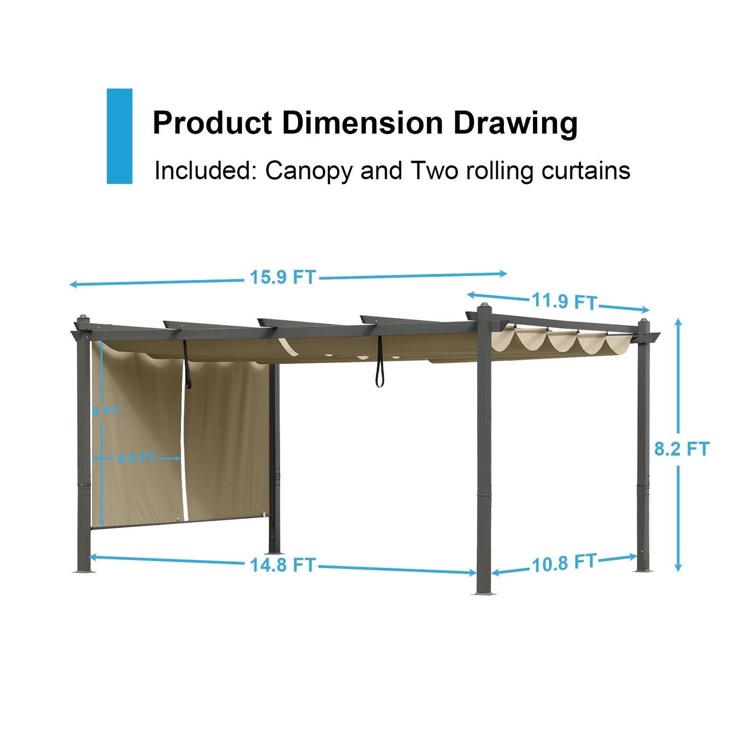 16x12/14x12 ft. Outdoor Pergola with Retractable Shade Canopy, Aluminum Frame, Roller Shade Curtain