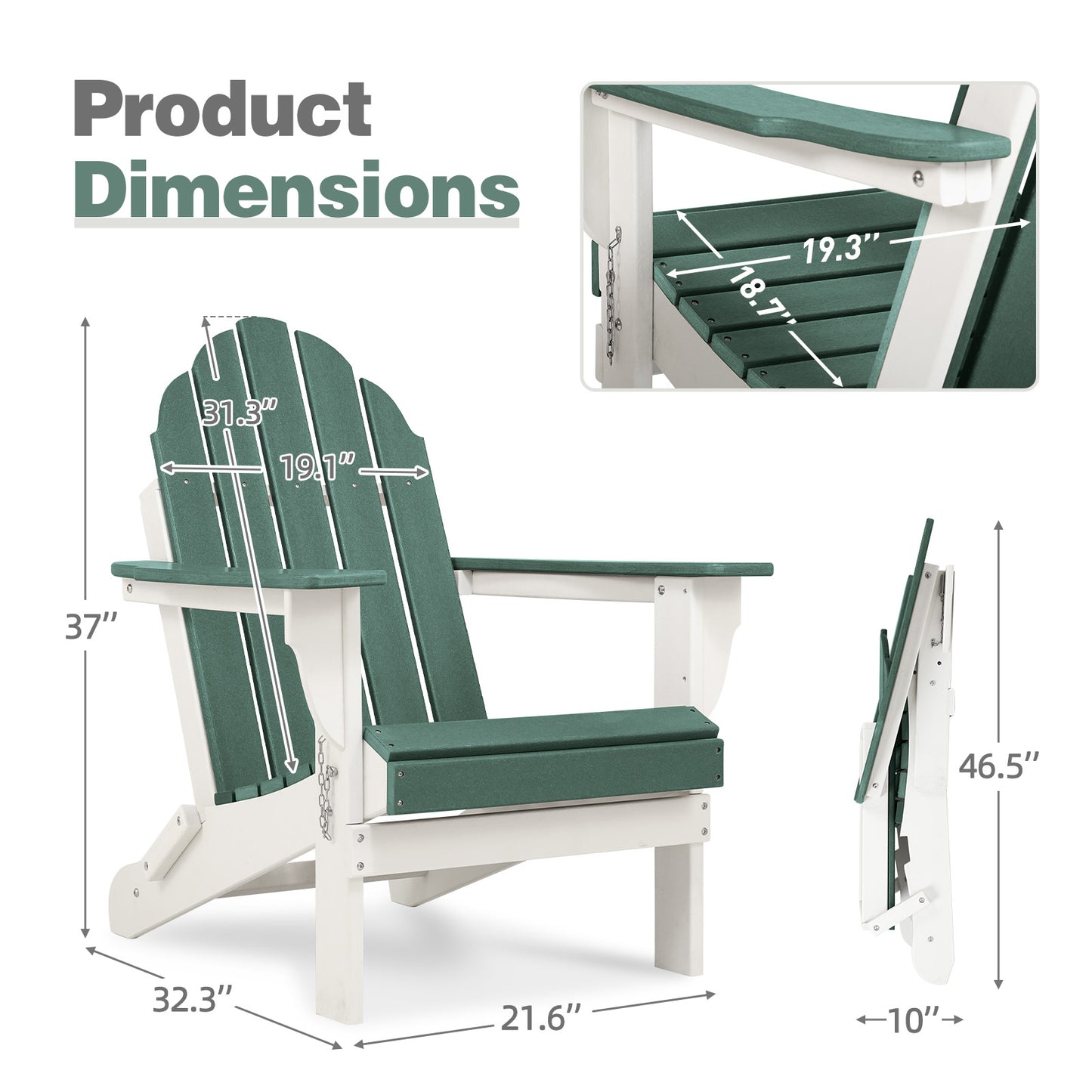 32(L)x22(W)x37(H) inch Folding Adirondack Chair Aoodor