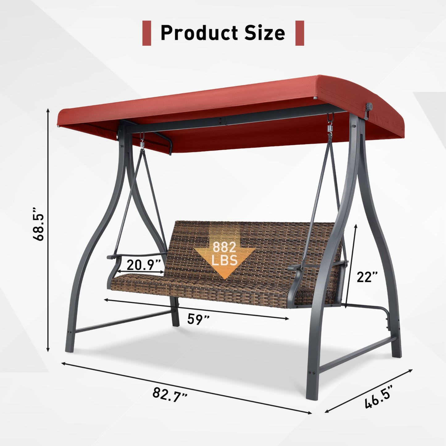 3-Seat Outdoor Rattan Patio Swing with Adjustable Canopy Aoodor