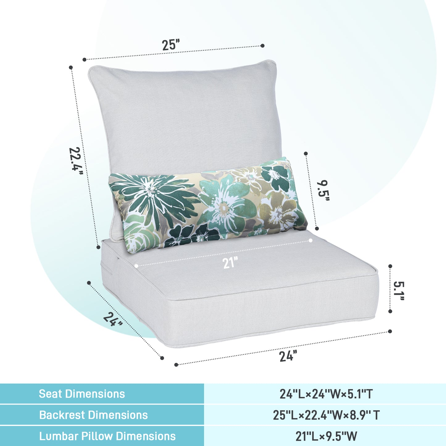 Outdoor Deep Seat Cushion Set with Lumbar Pillow, Patio Chair Back & Seat Cushions, Light Gray