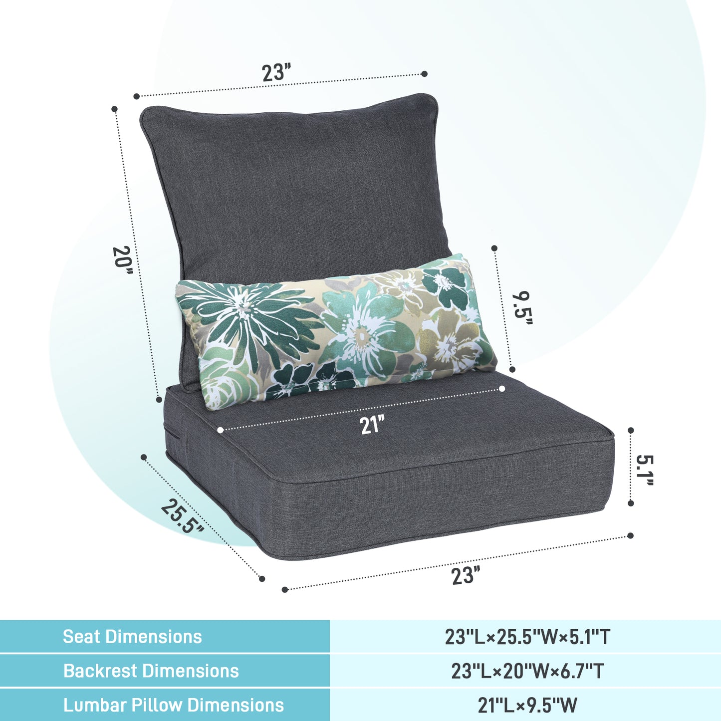 Outdoor Deep Seat Cushion Set with Lumbar Pillow, Patio Chair Back & Seat Cushions, Charcoal