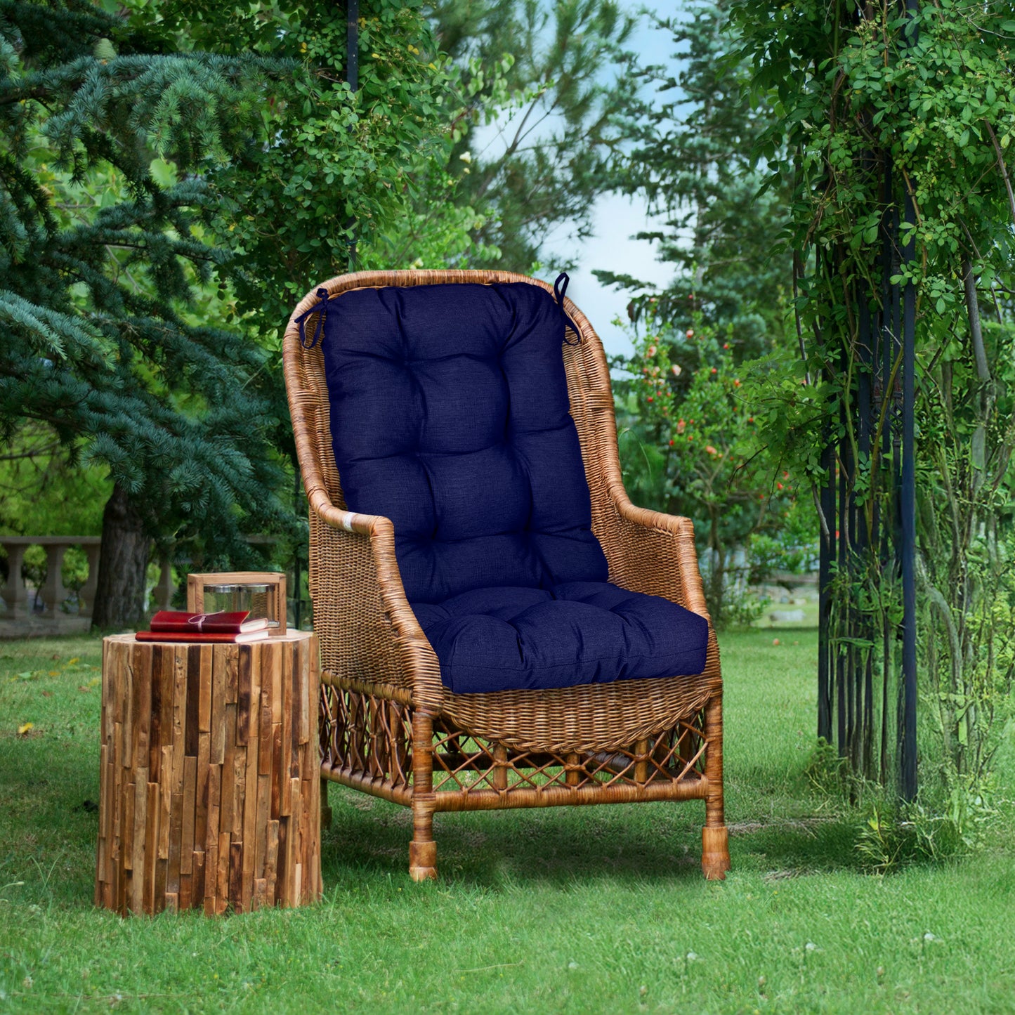 Outdoor Tufted High Back Cushions Patio Replacement Chair Cushion with Ties - Dark Blue