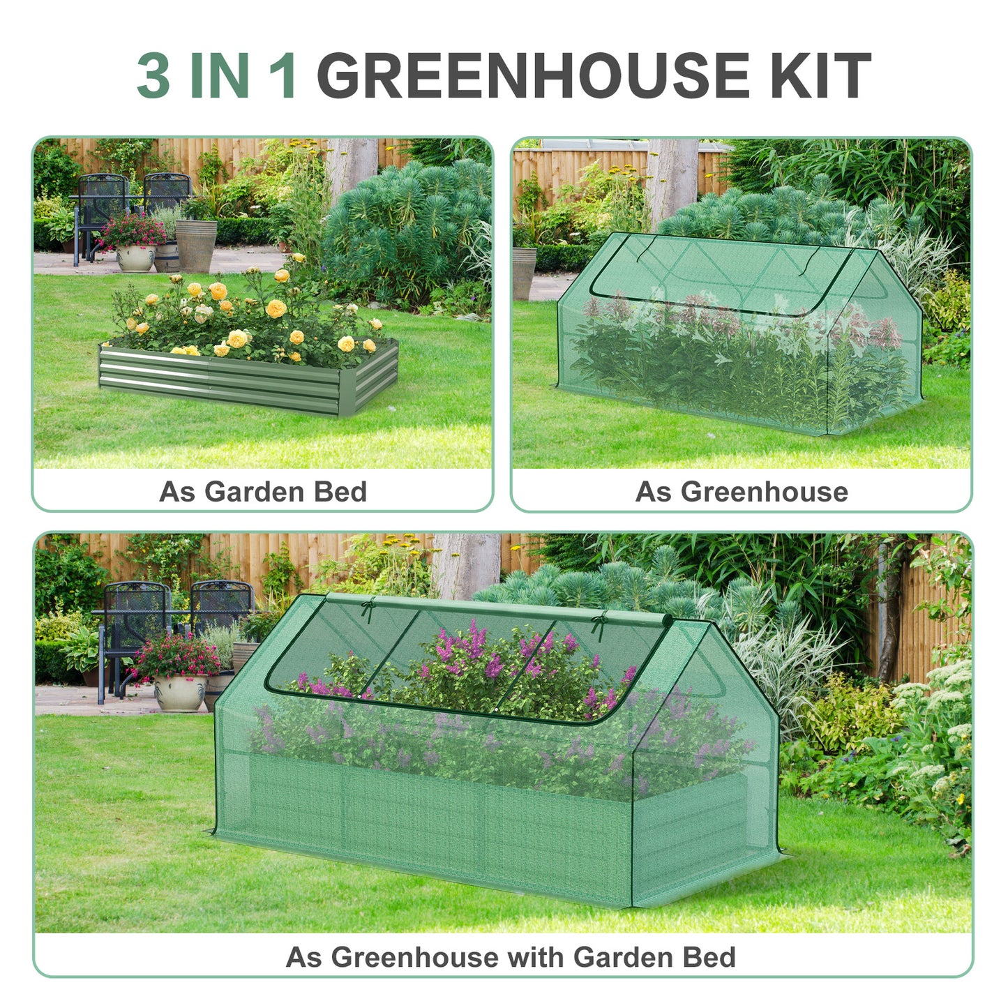 Mini Greenhouse Kit With Raised Garden Metal Beds, 2 Roll-up Zipper Doors