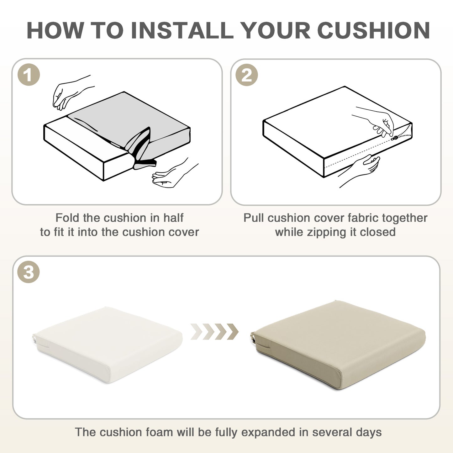 Outdoor Chair Cushion , Removable Cover with Hidden Zipper, Adaptable Secure Ties - Khaki Aoodor