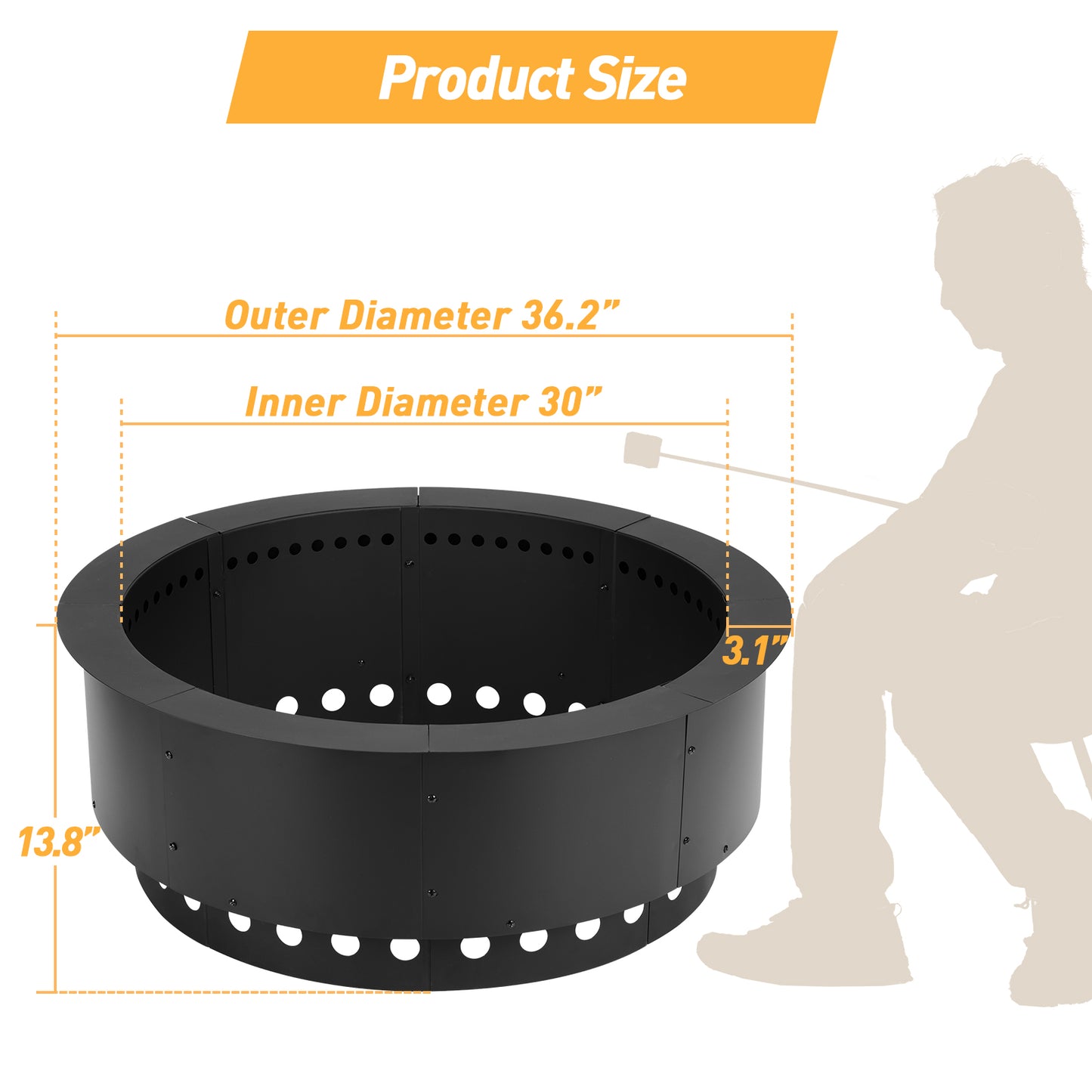 36 inch Round Low-Smoke Fire Pit Ring, Double Layer Heavy Duty Metal Fire Pit Insert Liner Aoodor