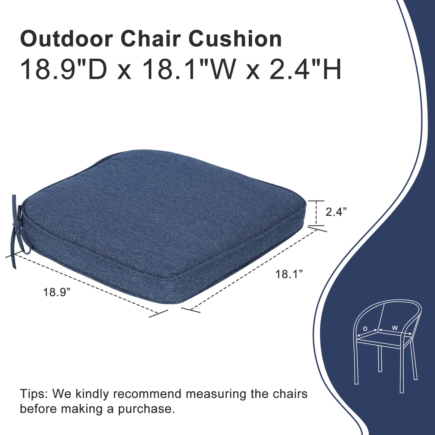 Outdoor Dining Chair Cushions Set, Patio Chair Pads with Ties, Navy Blue