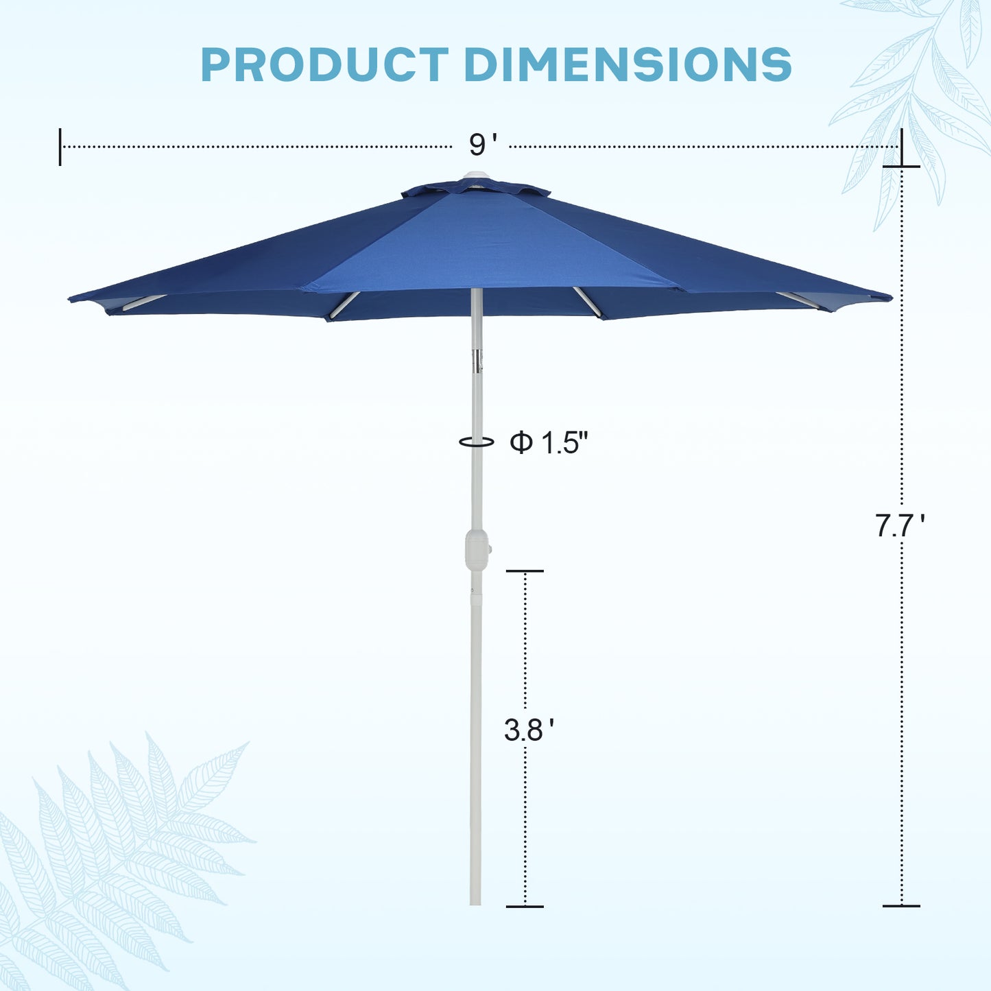 9 ft. Outdoor Patio Market Umbrella with 8 Sturdy Ribs, Push Button Tilt and Crank