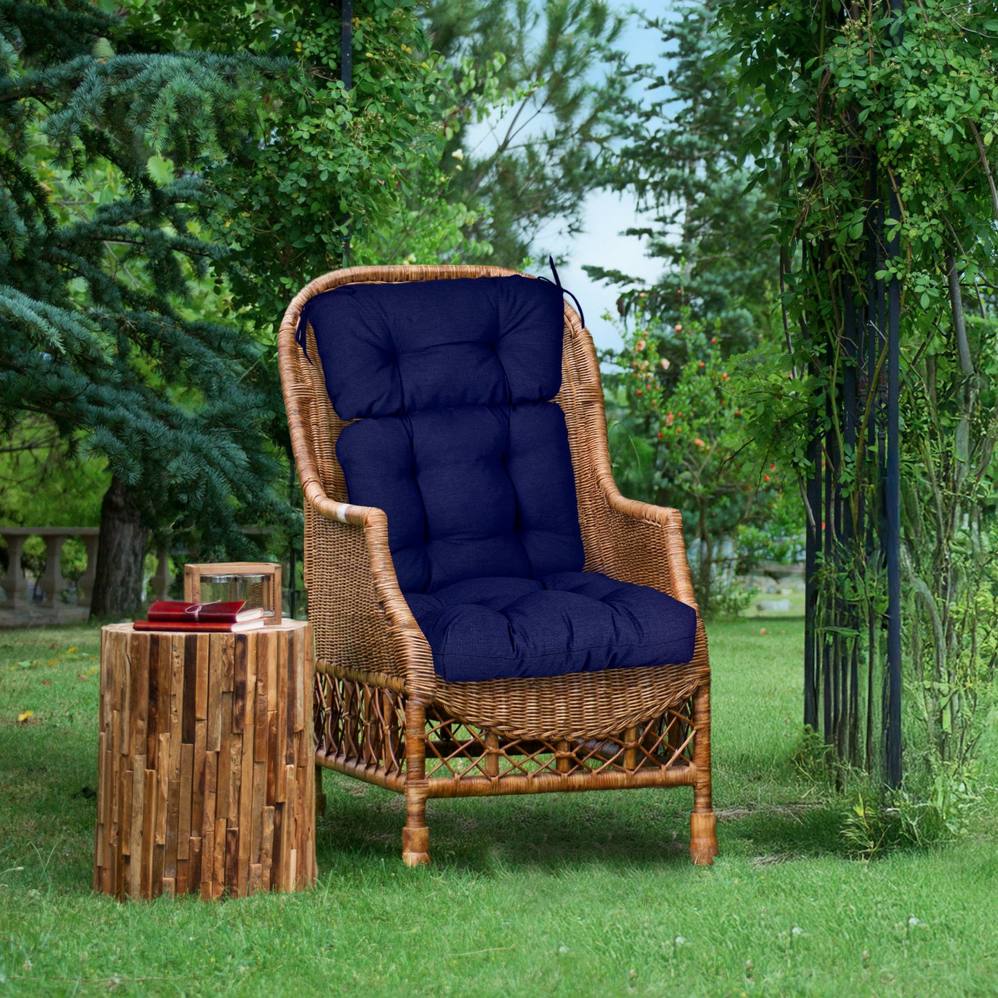 Outdoor Tufted High Back Cushions Patio Replacement Chair Cushion with Ties - Dark Blue