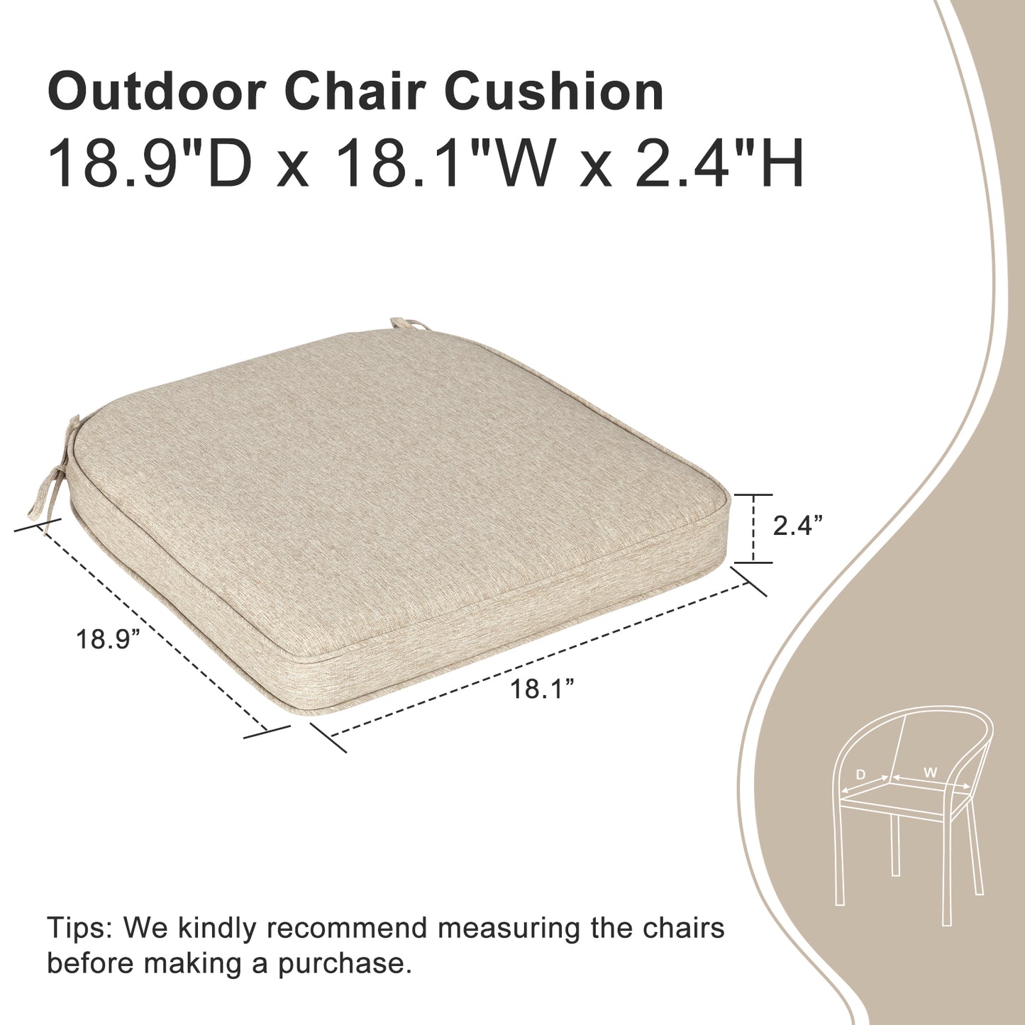 Outdoor Dining Chair Cushions Set, Patio Chair Pads with Ties, Brown