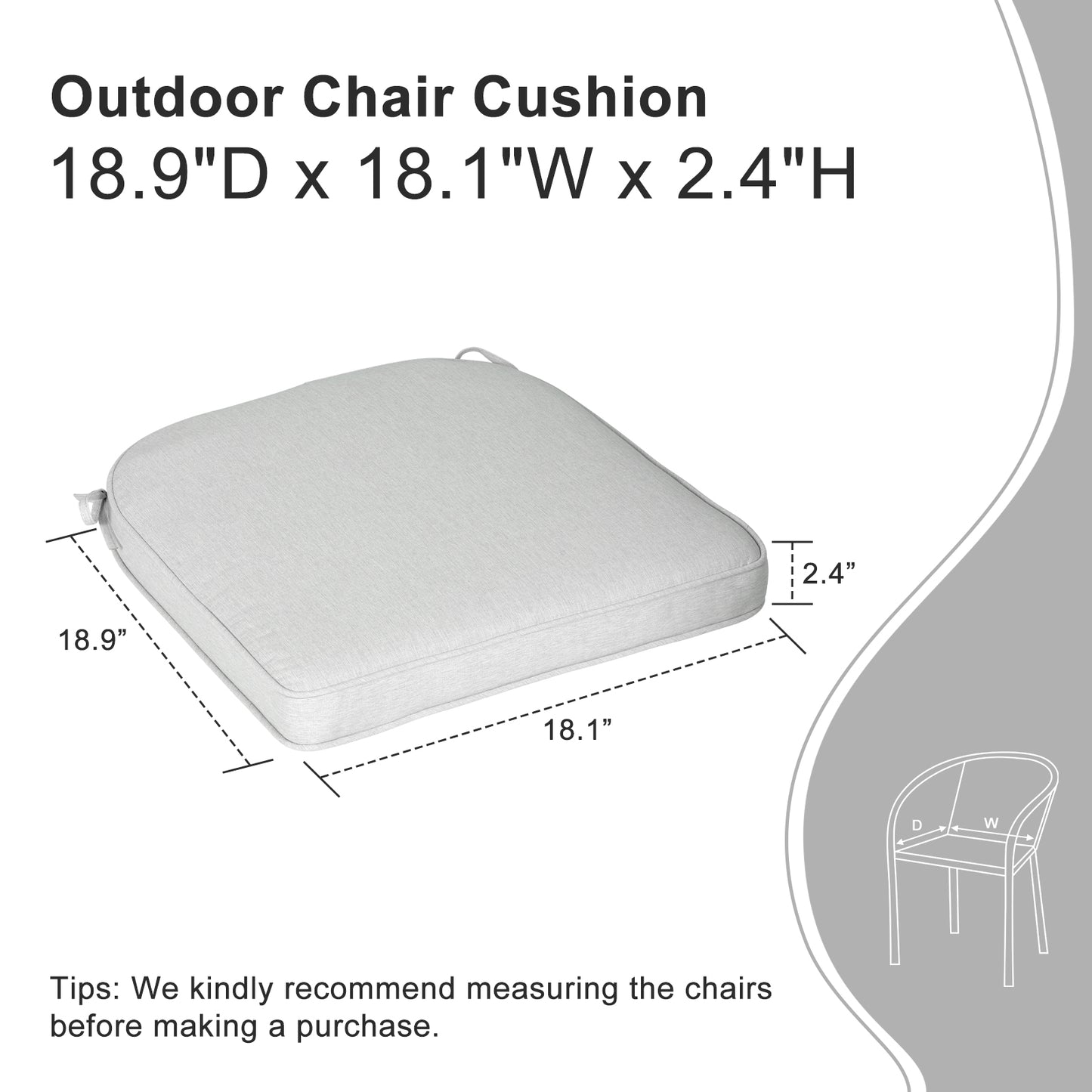 Outdoor Dining Chair Cushions Set, Patio Chair Pads with Ties, Light Gray