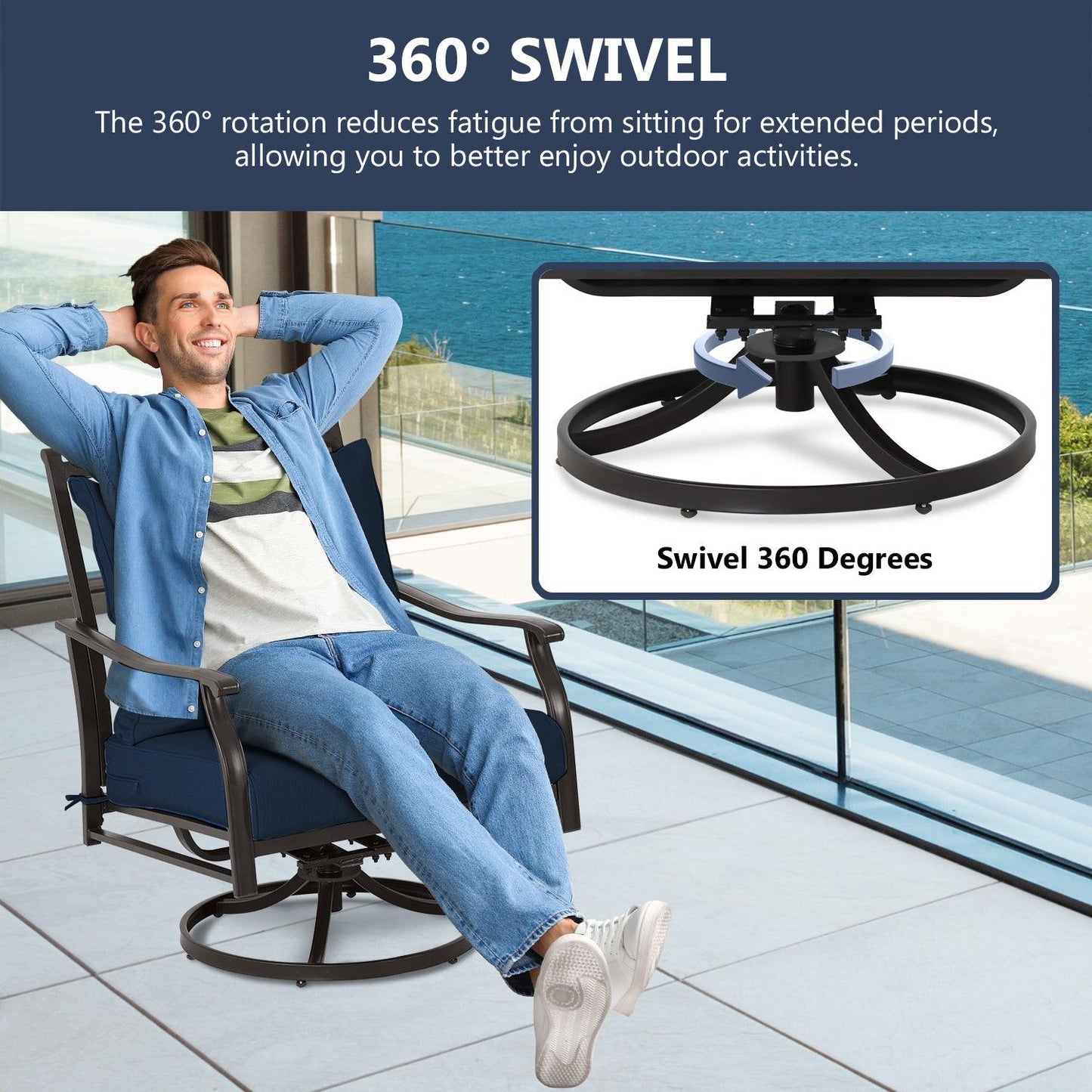 Outdoor Swivel Chair Set - Two Chairs, One Glass Table, and Two Thick Cushions