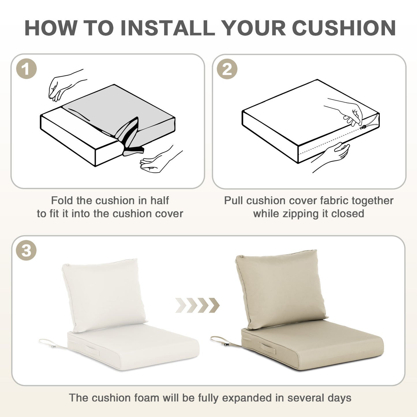 Outdoor Chair Cushions, Patio Deep Seat Cushions with Handle & Adjustable Straps - Khaki Aoodor