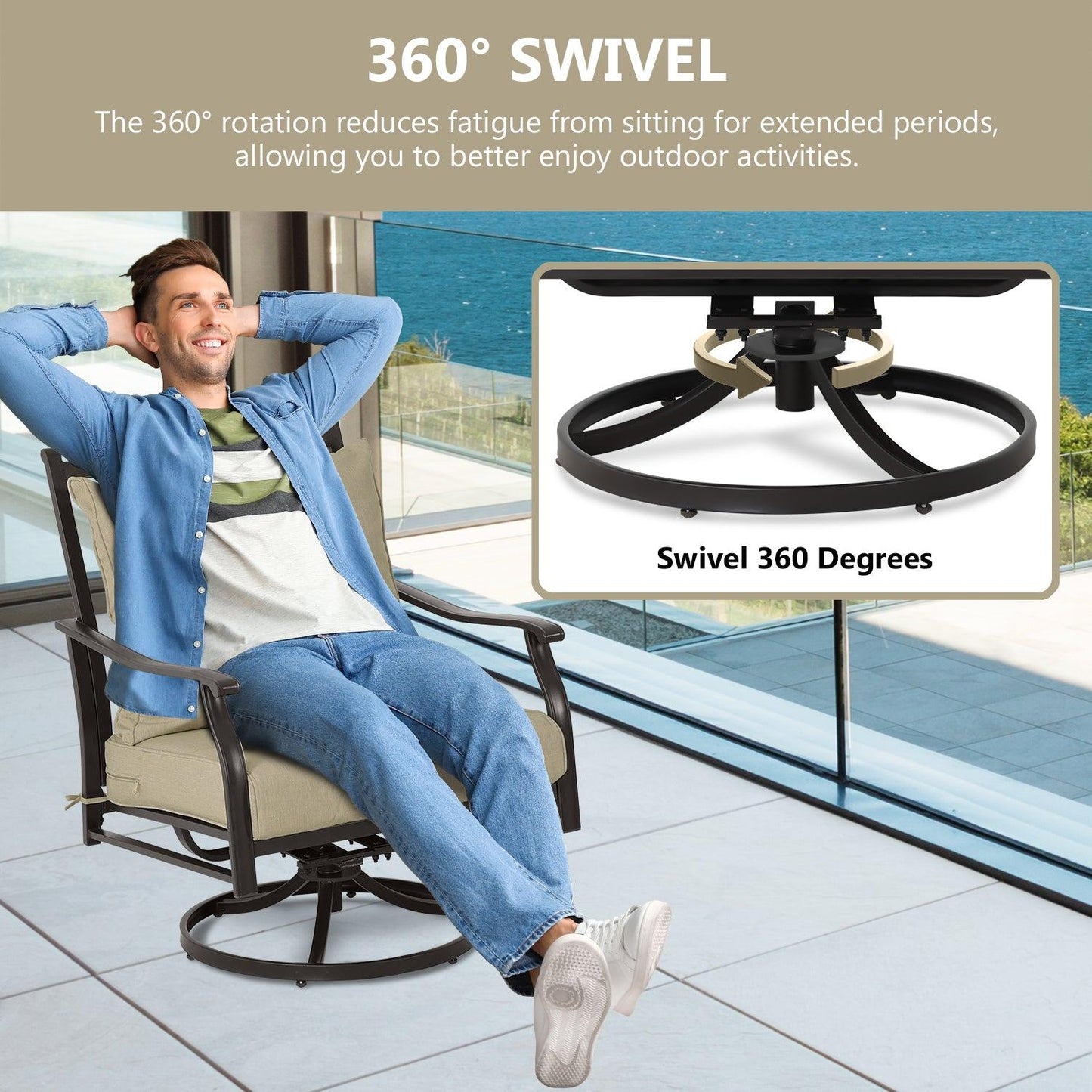 Outdoor Swivel Chair Set - Two Chairs, One Glass Table, and Two Thick Cushions