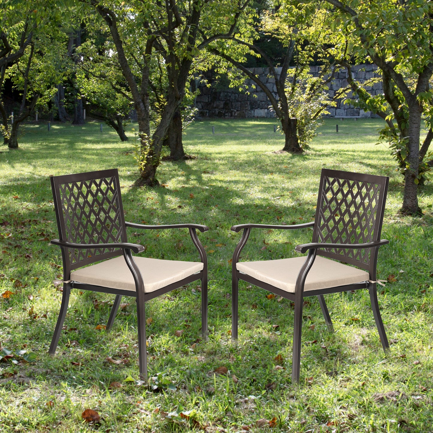 2-Piece Set Outdoor Patio Metal Dining Chairs with Seat Cushions