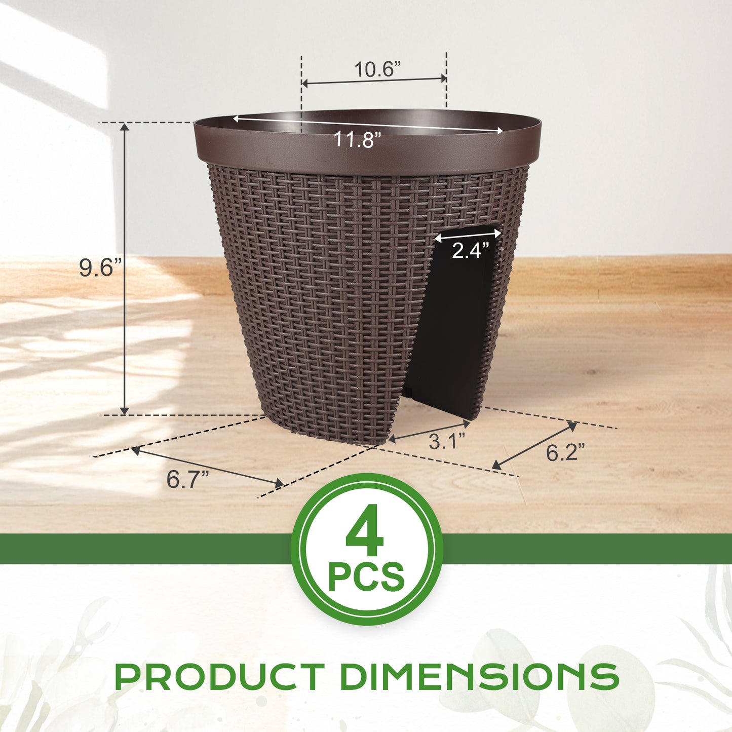 12 inch Balcony Rattan Railing Planter Box with Adjustable Brackets - Set of 4 Aoodor