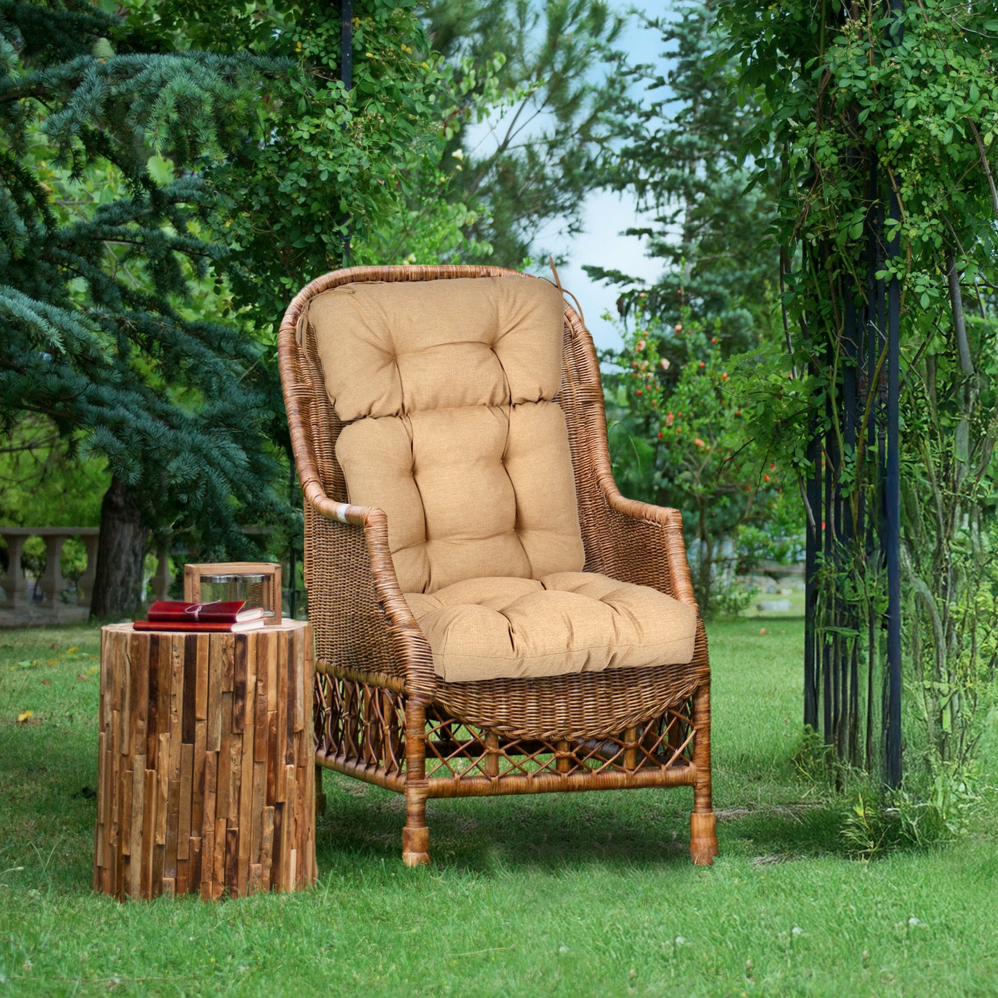Outdoor Tufted High Back Cushions Patio Replacement Chair Cushion with Ties - Brown