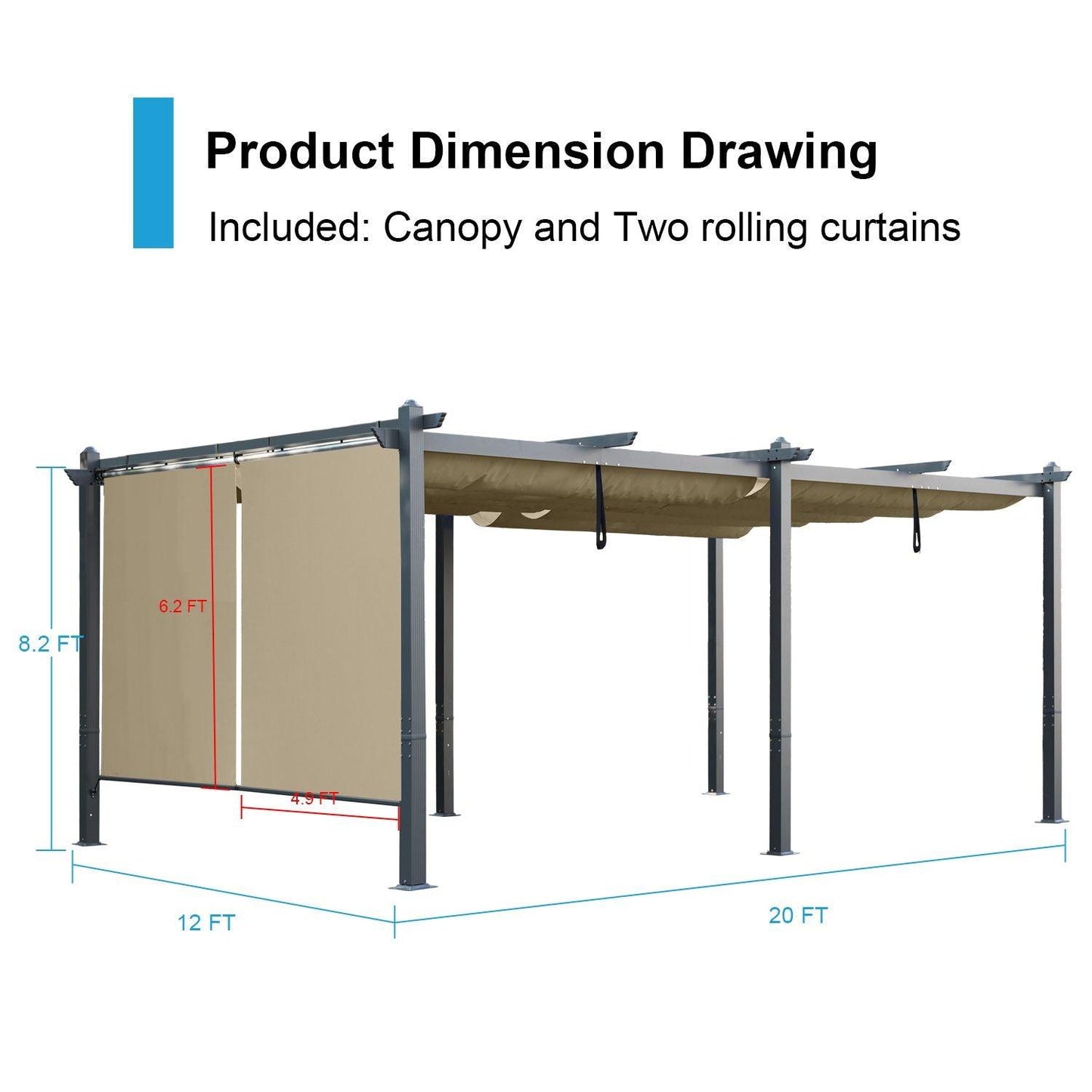 12 x 20 FT Outdoor Pergola with Retractable Shade Canopy, Aluminum Frame, Roller Shade Curtain- khaki/Charcoal Gray Aoodor