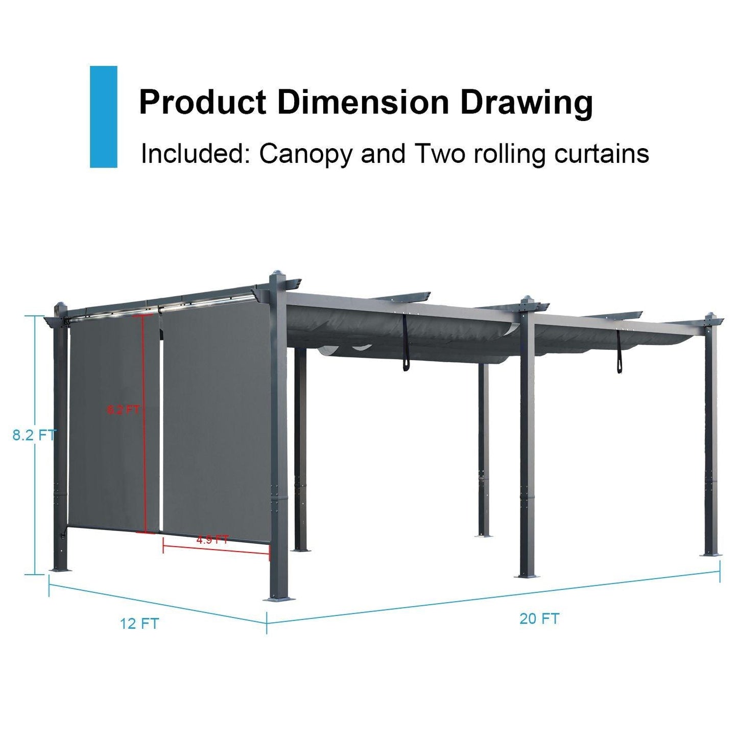 12 x 20 FT Outdoor Pergola with Retractable Shade Canopy, Aluminum Frame, Roller Shade Curtain- khaki/Charcoal Gray Aoodor