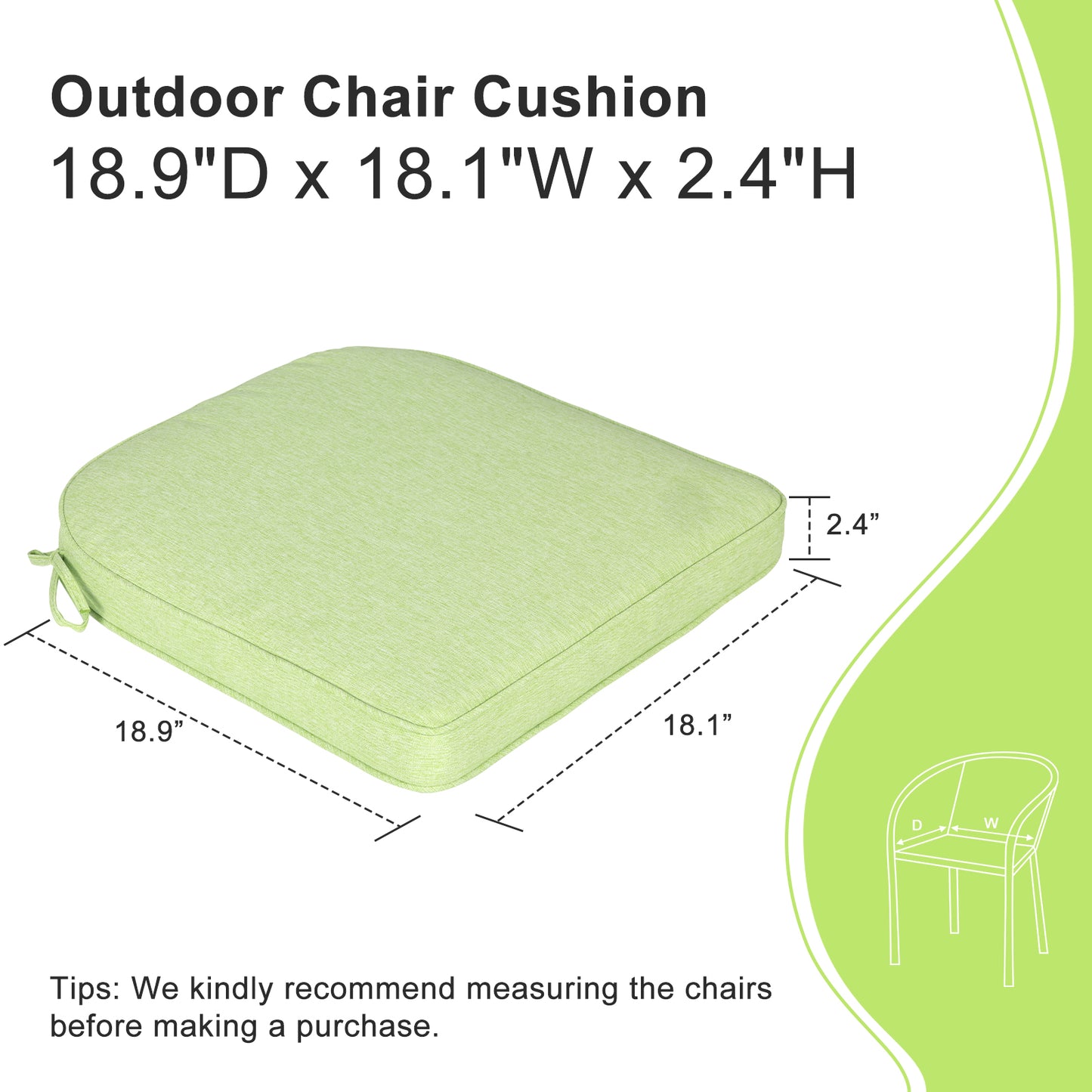 Outdoor Dining Chair Cushions Set, Patio Chair Pads with Ties, Green