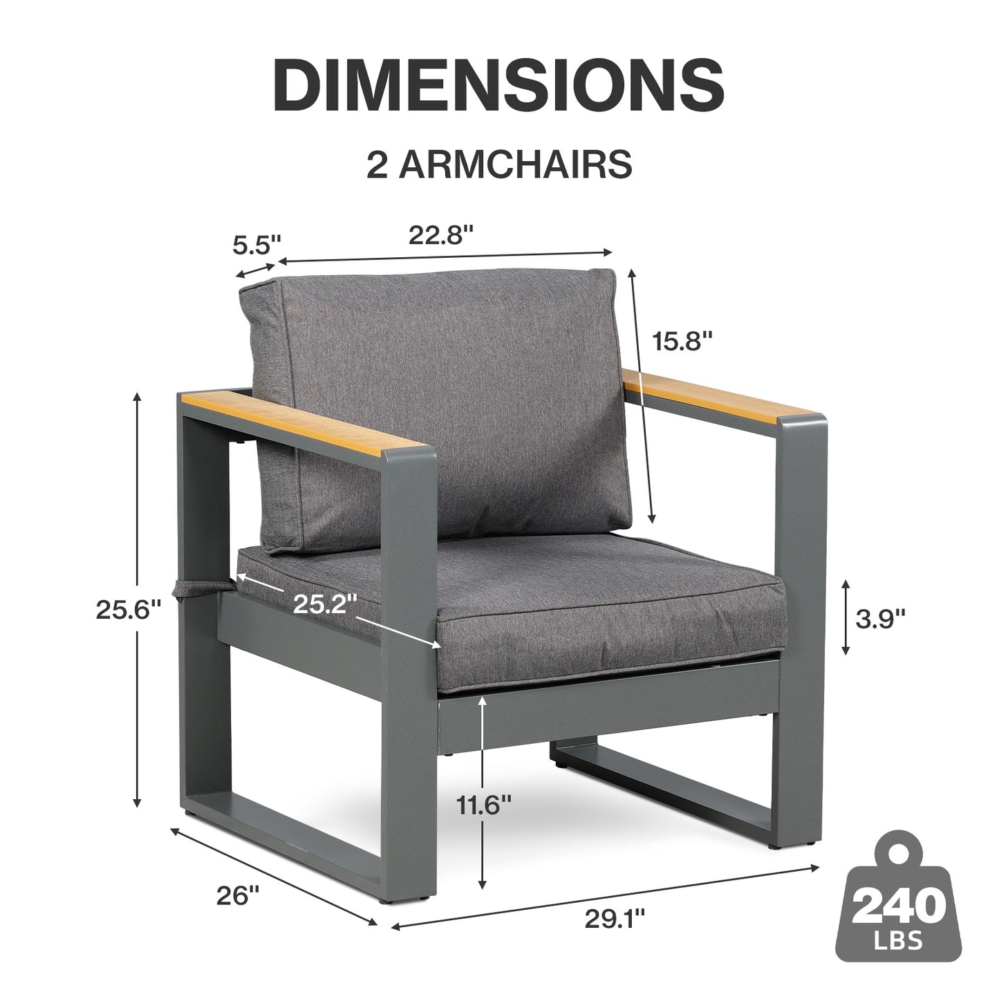 2 PCS Armchairs Aluminum Sofa Couch Deep Seat with Thick Cushions