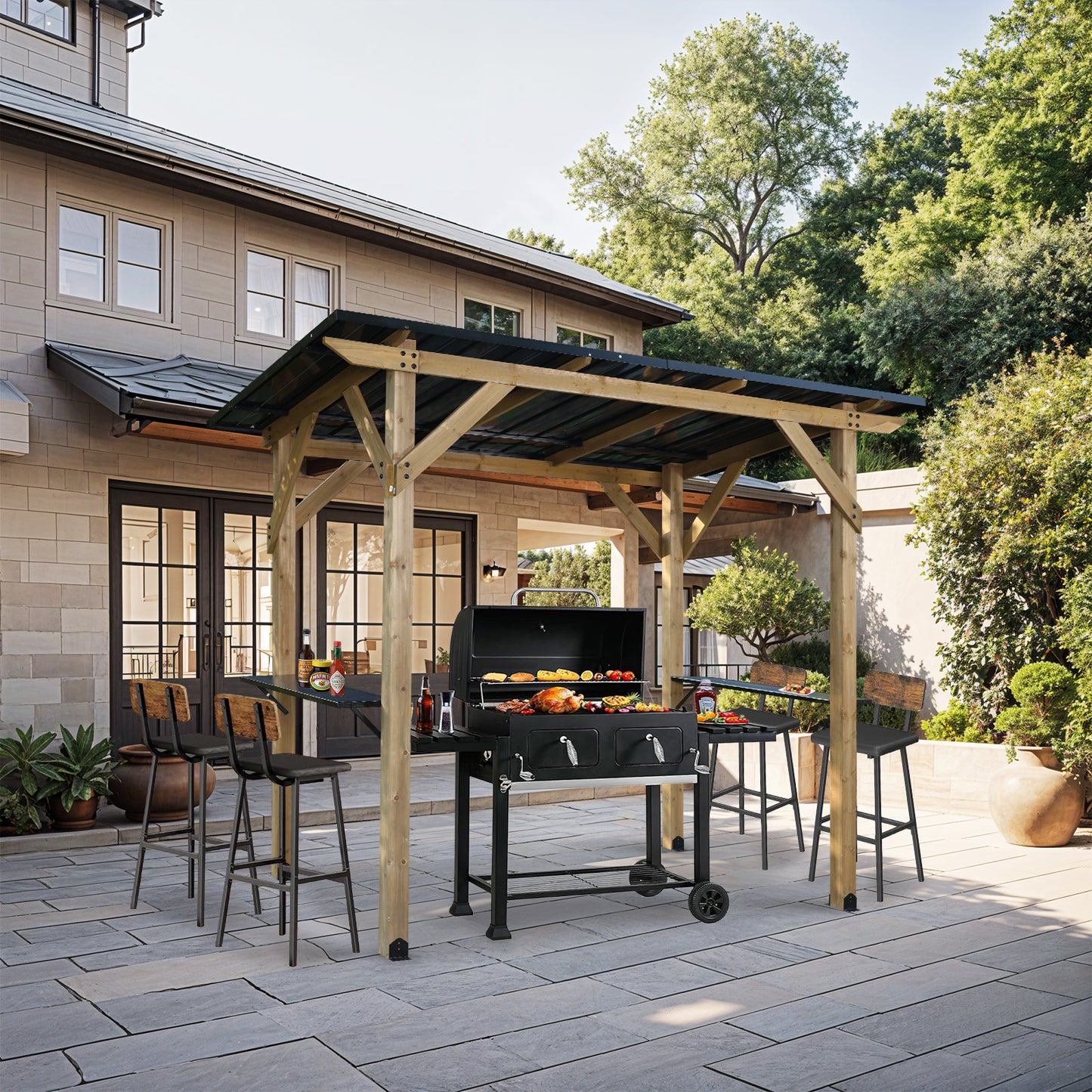 8'x5' Wooden Grill Gazebo, Outdoor Hardtop Gazebo with Sloping Metal Roof and 2 Side Shelves, Fits Most Grills, BBQ Canopy Aoodor